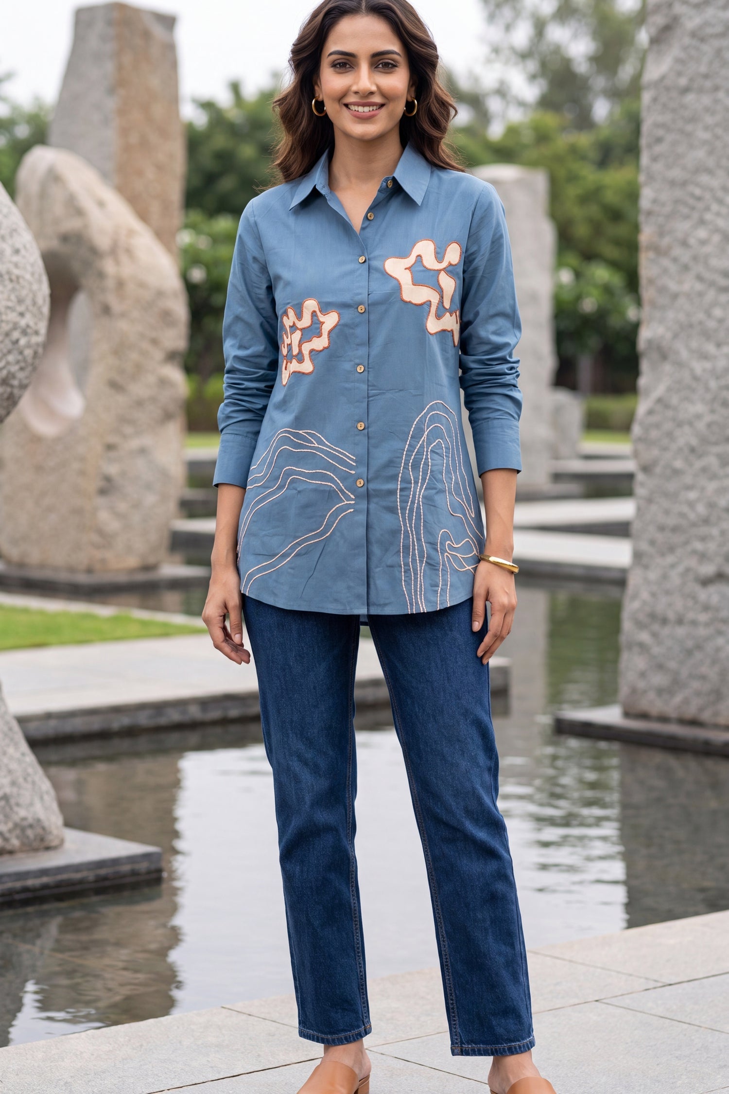 Regular Fit Cotton Embroidered Blue Shirt