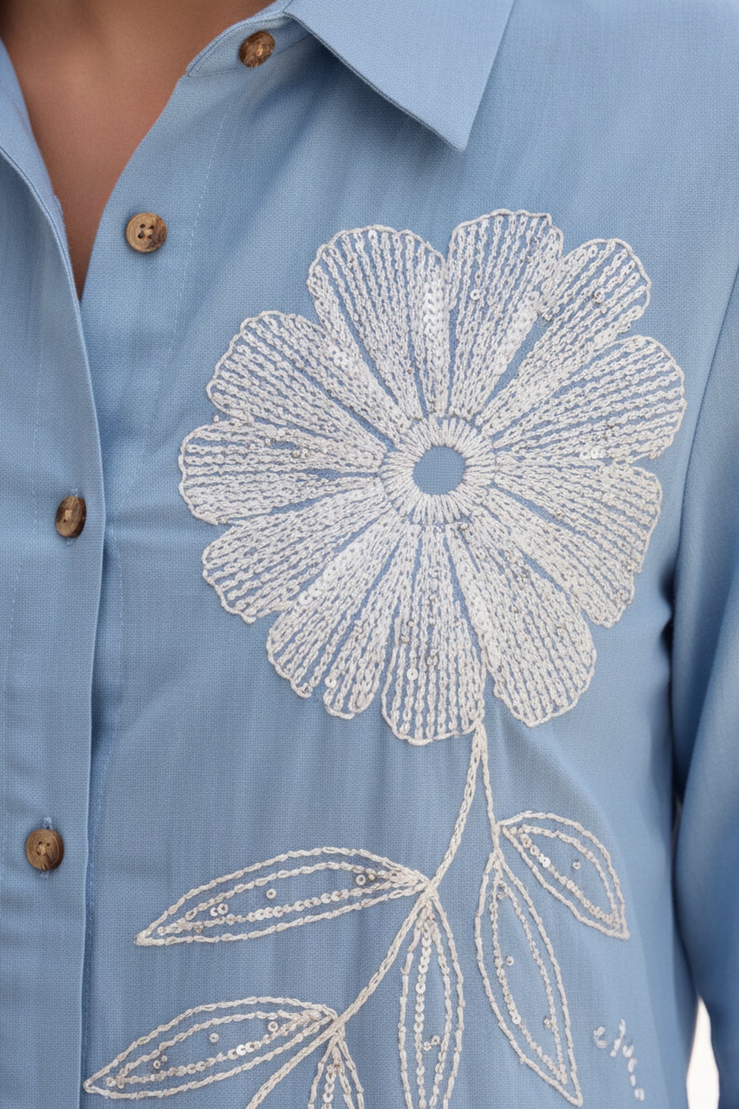 Freyaa Powder Blue Embroidered Cotton Shirt