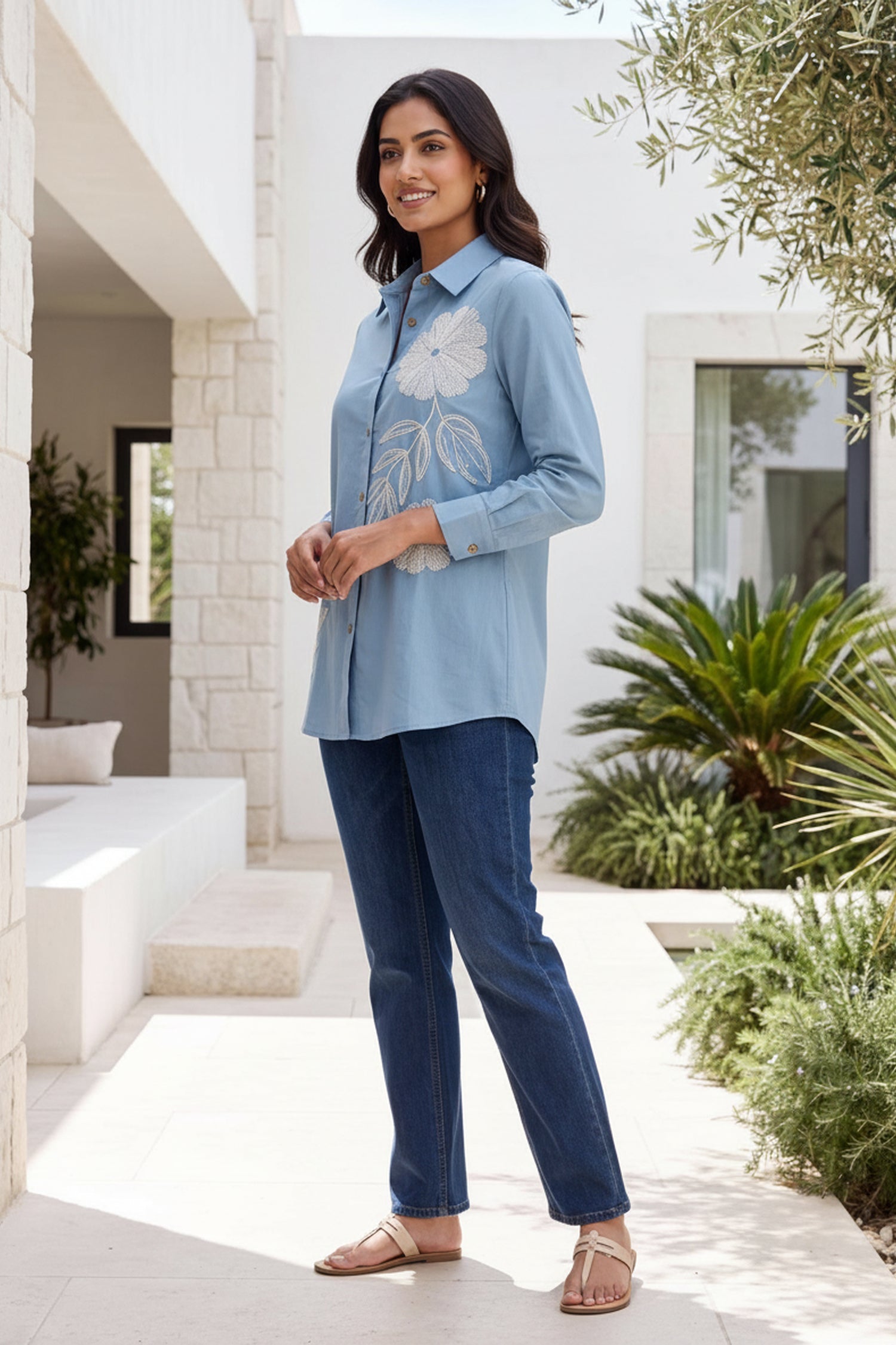 Freyaa Powder Blue Embroidered Cotton Shirt
