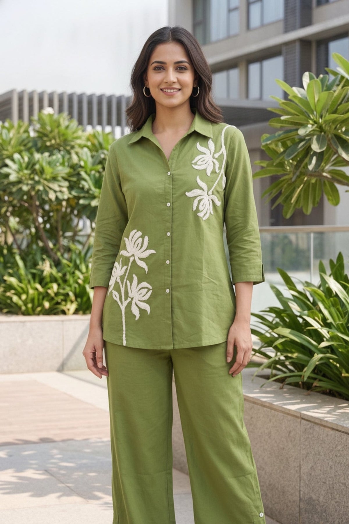 Sage Green Cotton Flex Embroidered Cord Set - Freyaa