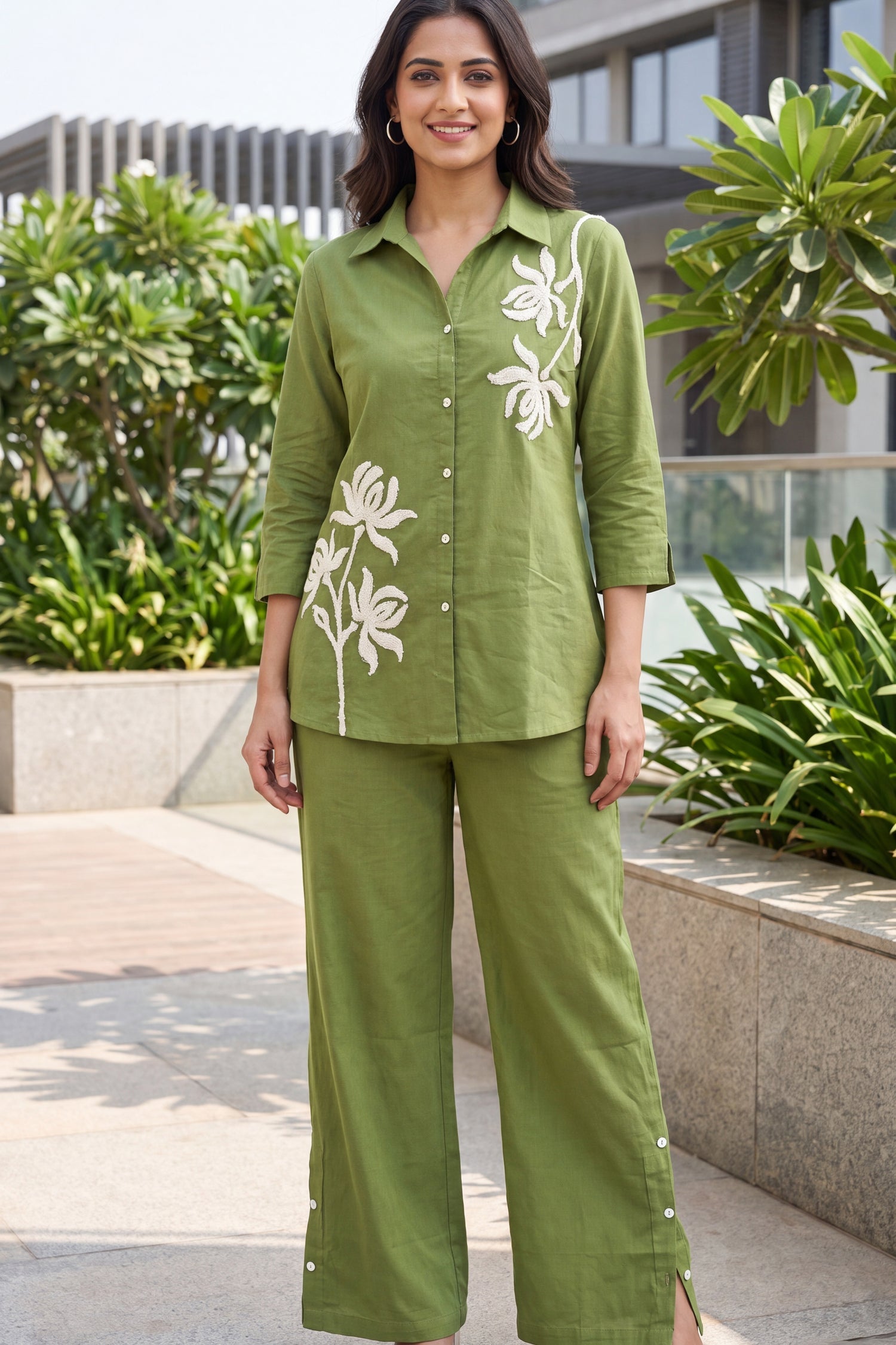 Sage Green Cotton Flex Embroidered Cord Set