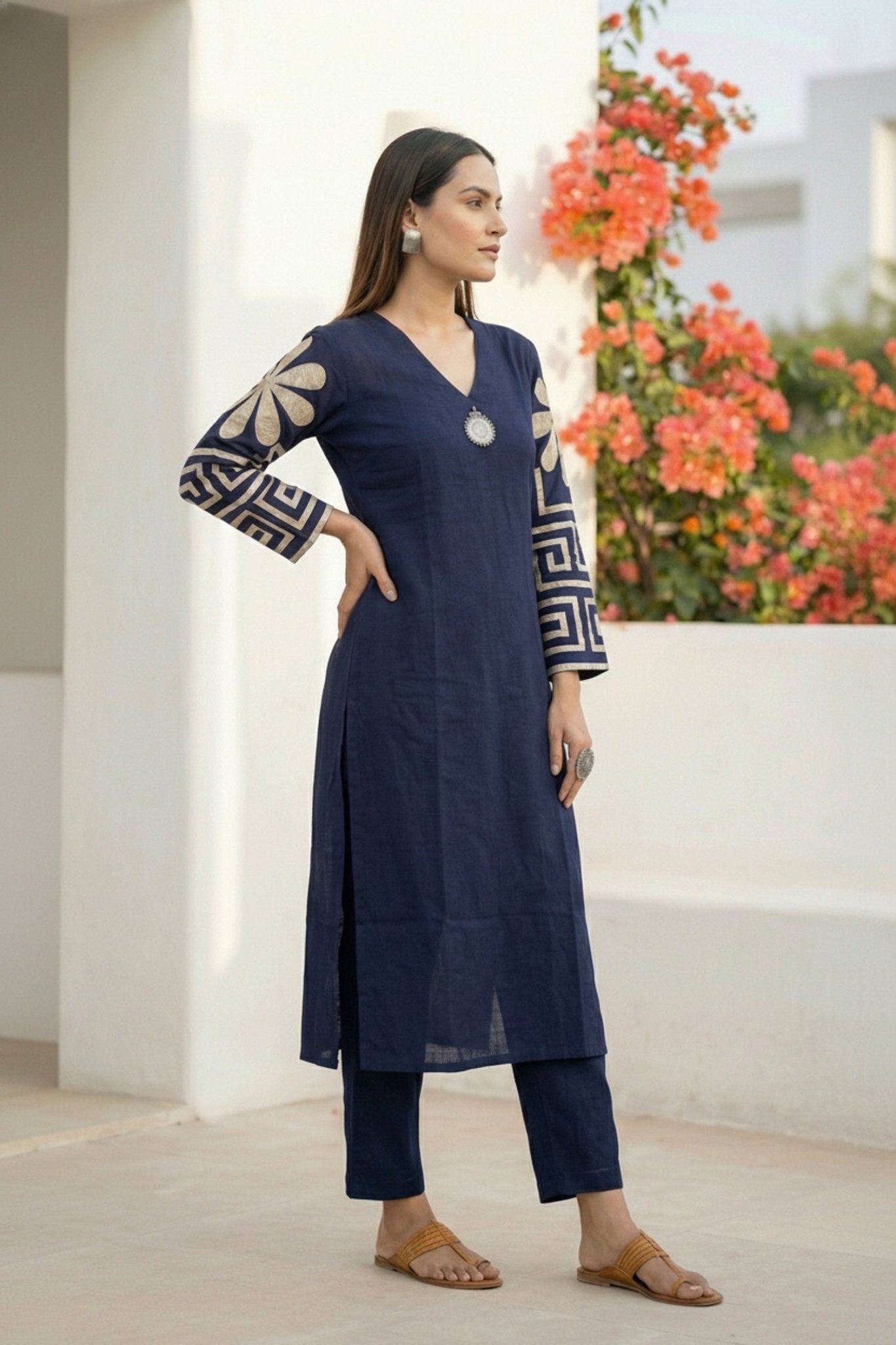 Navy Blue Co-ord Set with Embroidered Sleeves - Freyaa USA & Canada