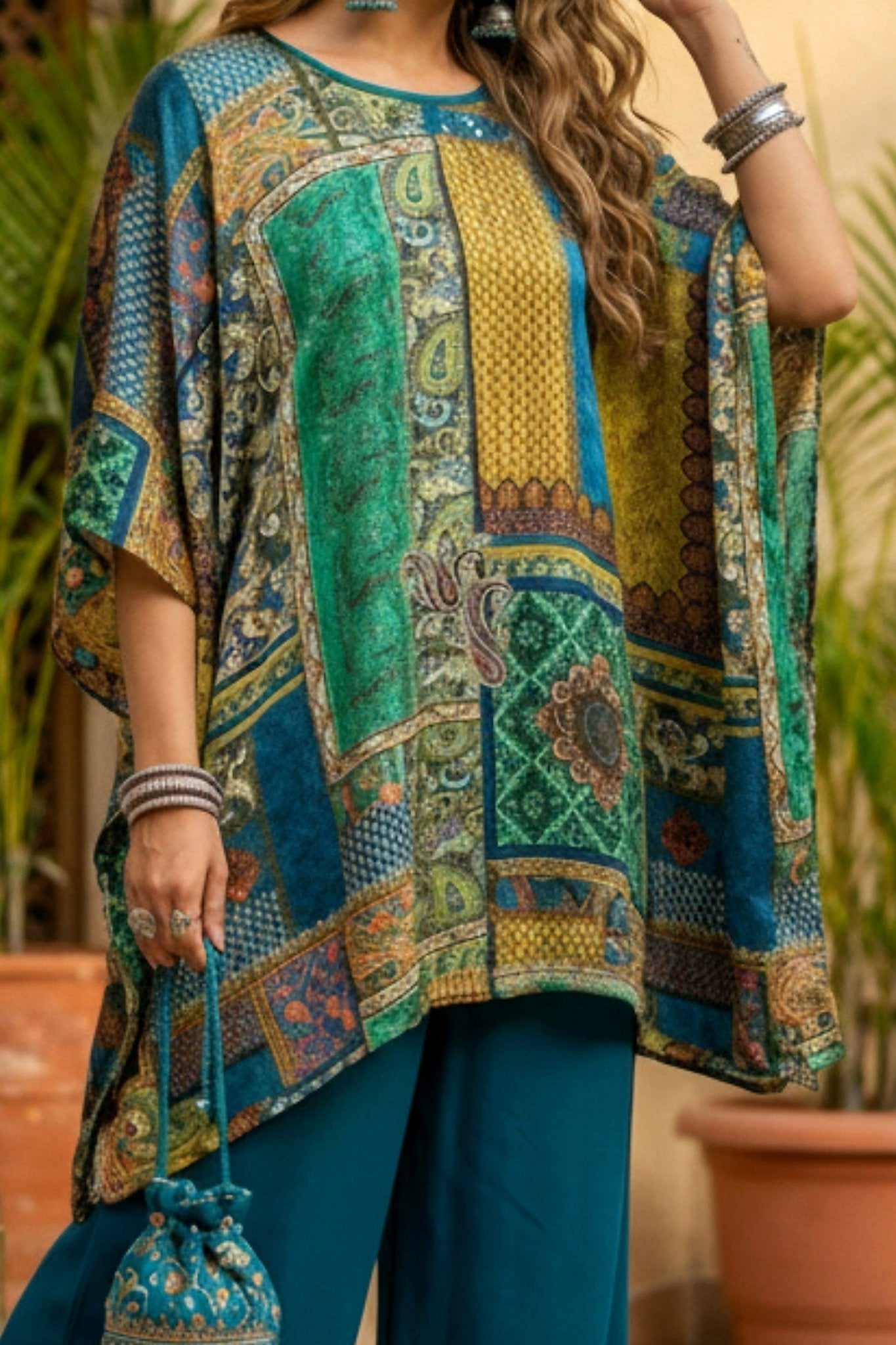 Peacock Blue Printed Kaftan - Freyaa USA & Canada