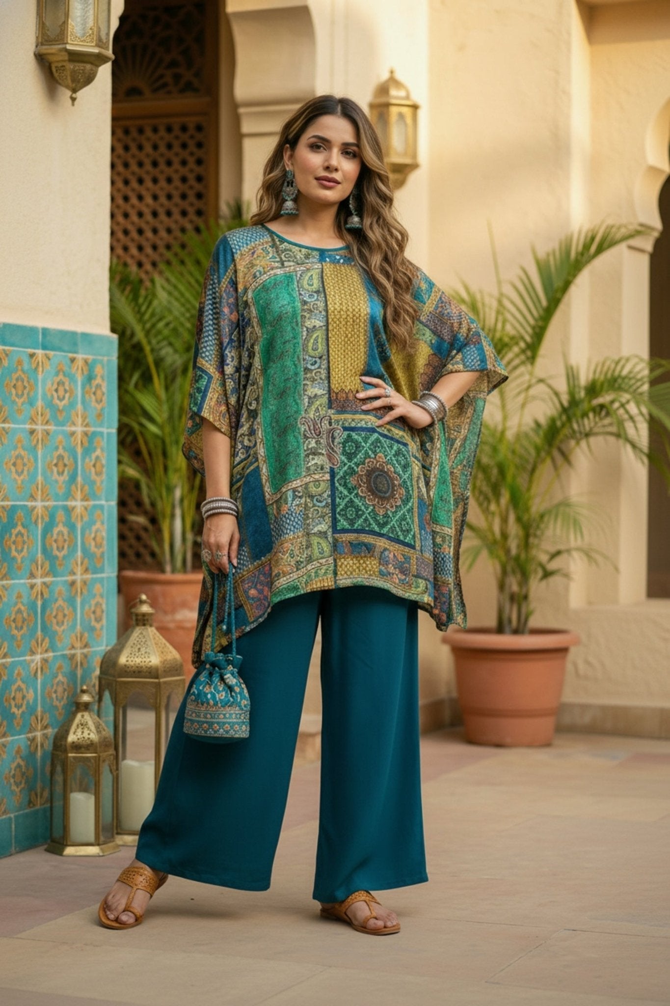 Peacock Blue Printed Kaftan - Freyaa USA & Canada