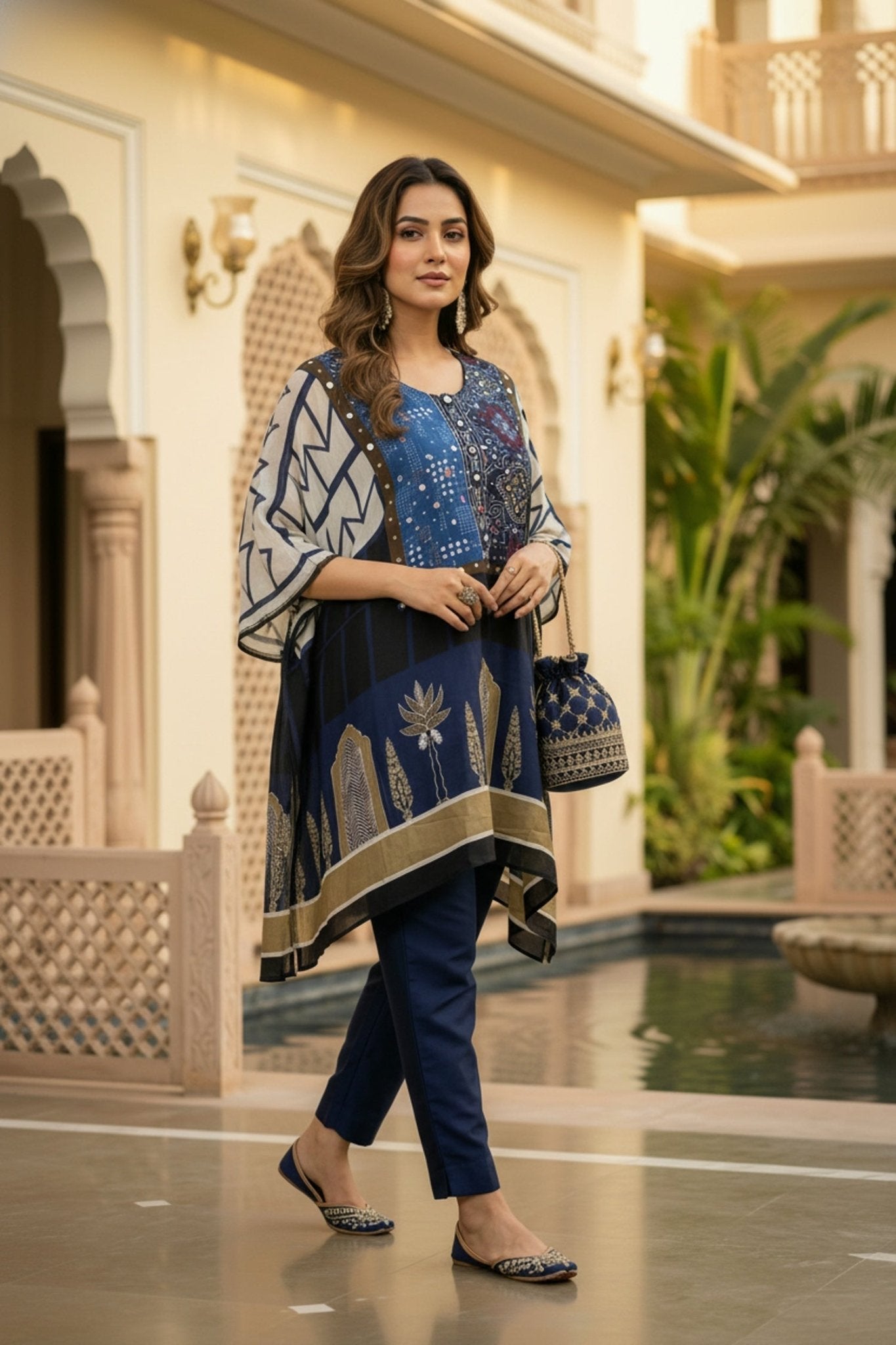 Navy Blue Printed Kaftan with Embroidered Neck - Freyaa USA & Canada