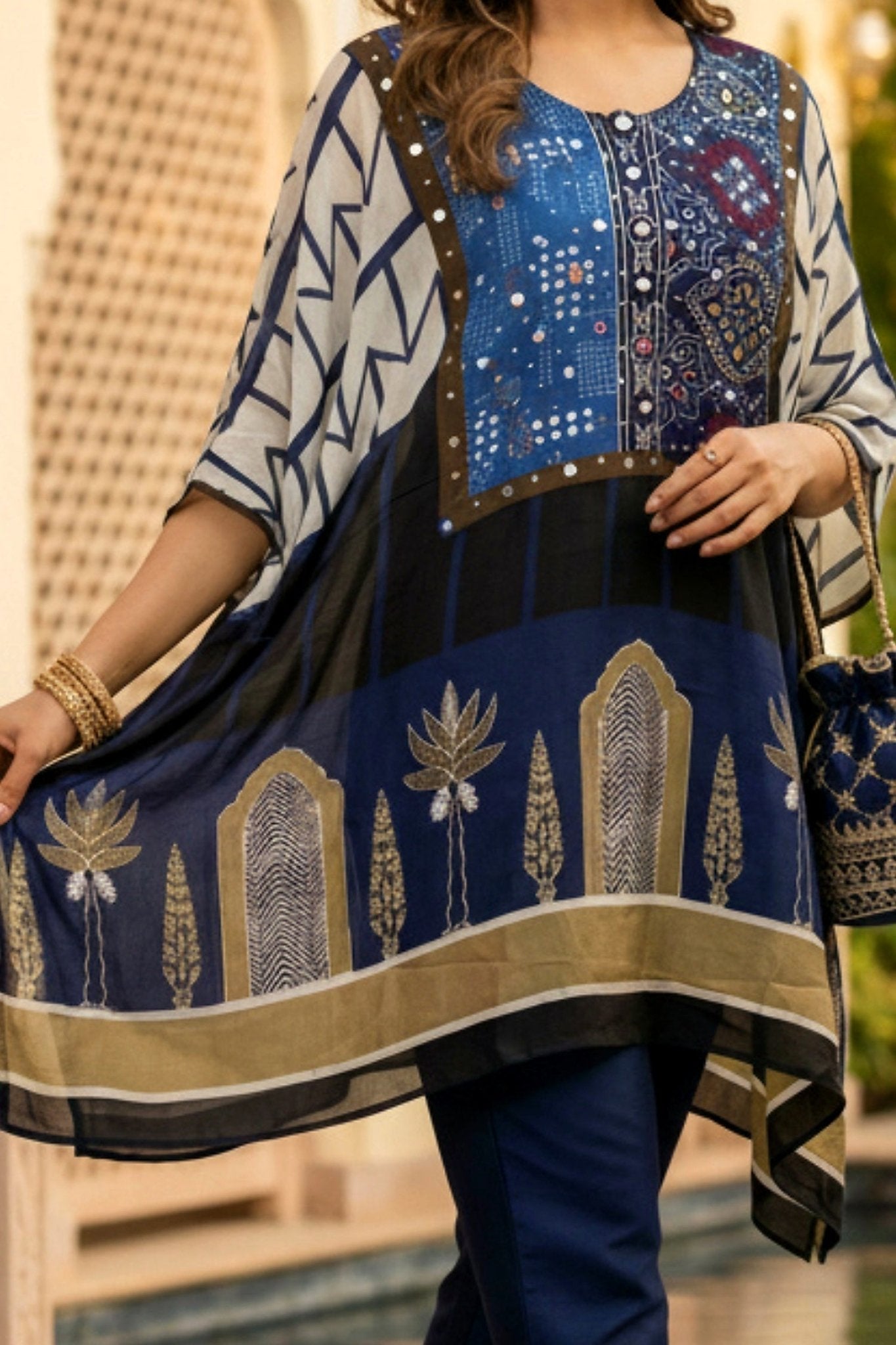 Navy Blue Printed Kaftan with Embroidered Neck - Freyaa USA & Canada