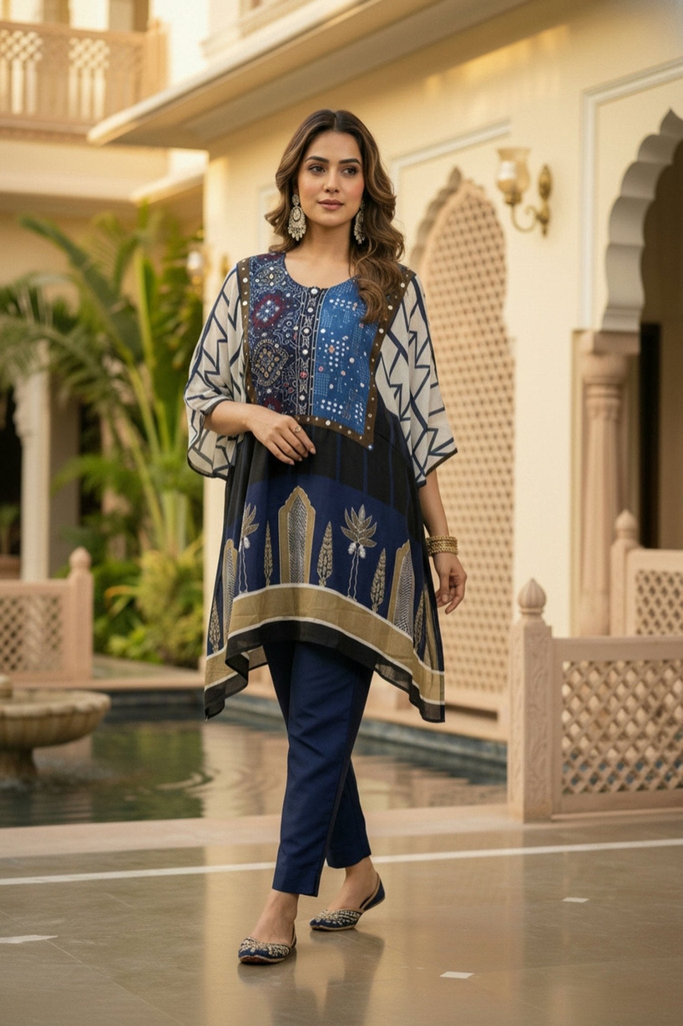 Navy Blue Printed Kaftan with Embroidered Neck - Freyaa USA & Canada