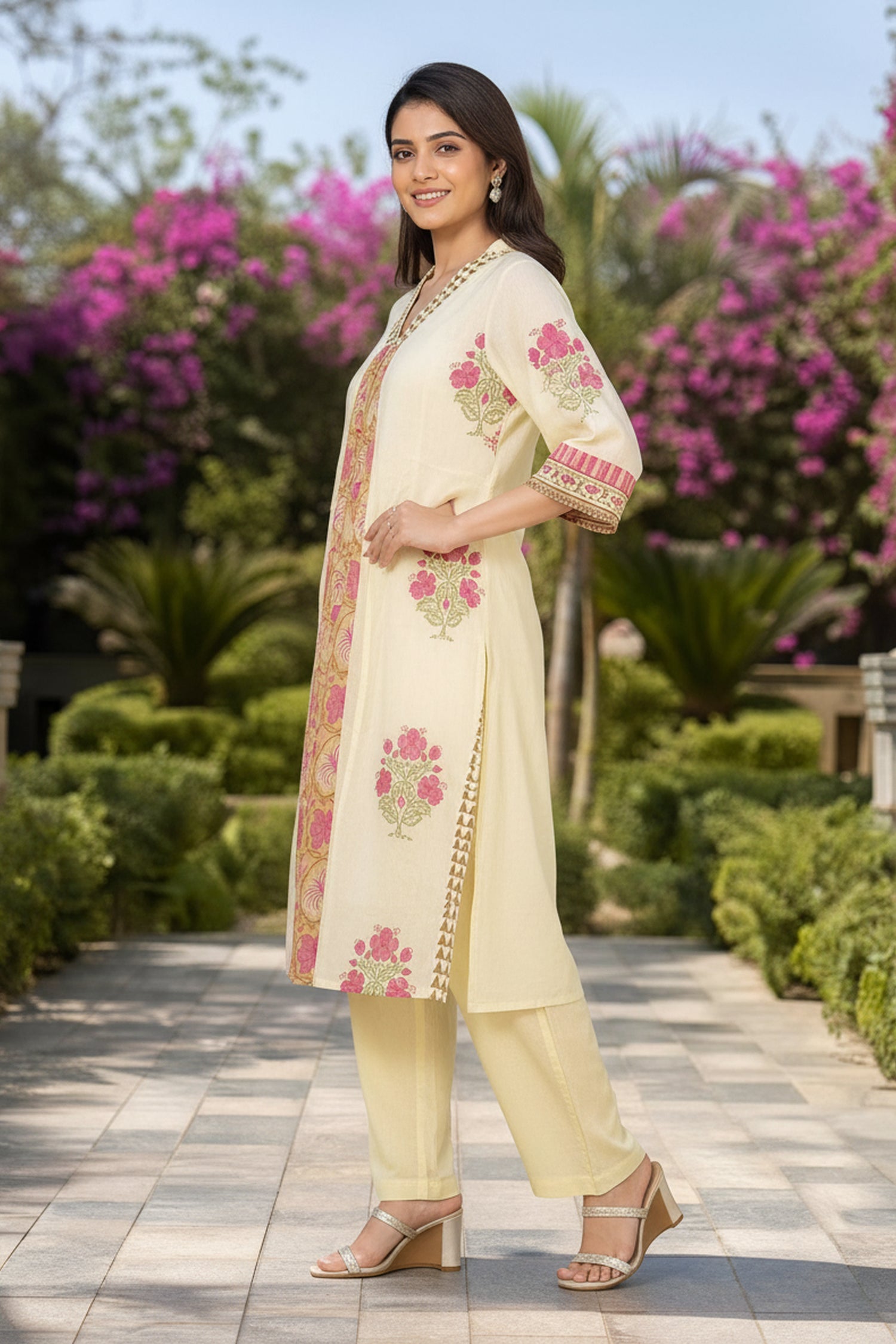 Off-White Floral Printed A-Line Kurta Co-Ord Set