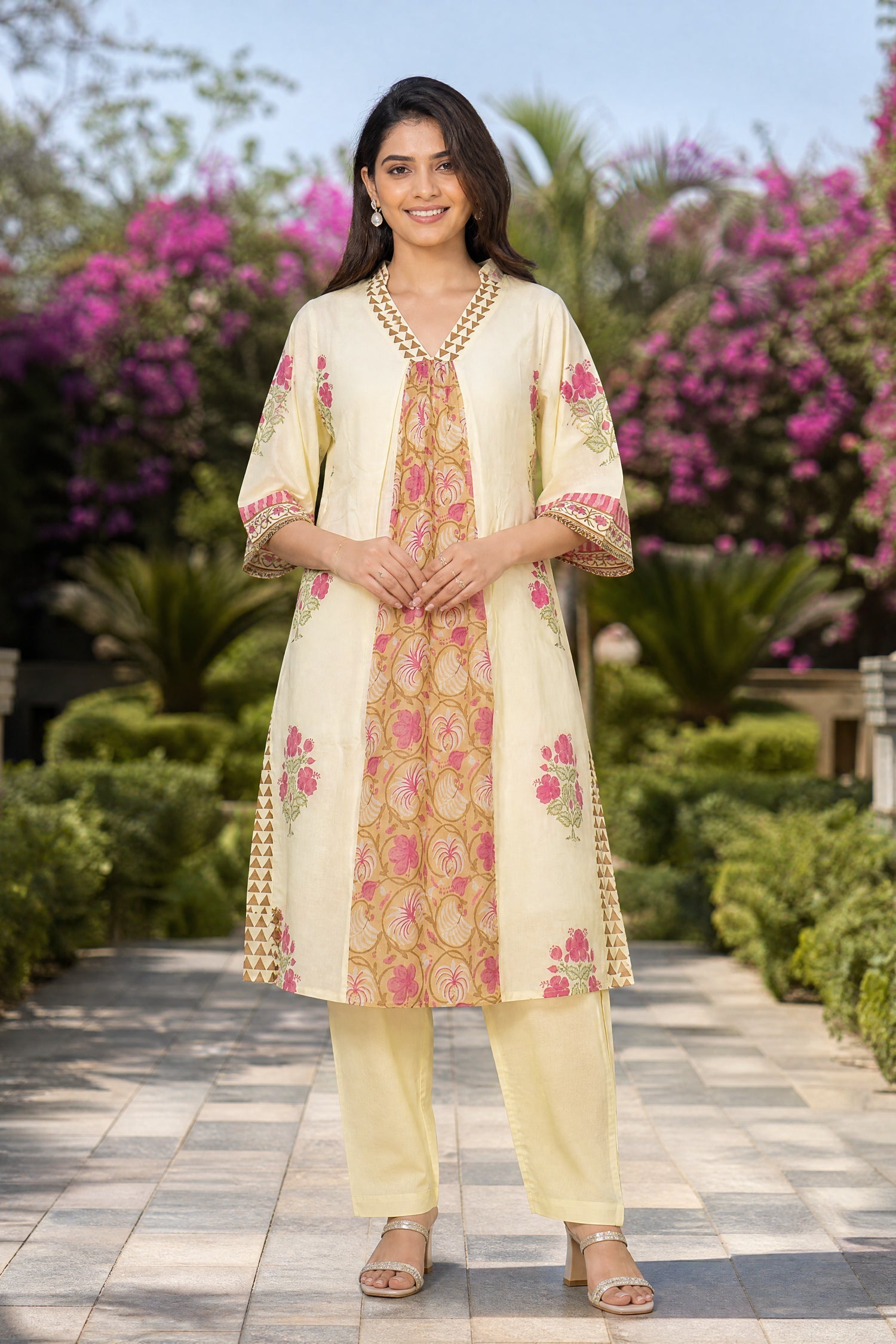 Off-White Floral Printed A-Line Kurta Co-Ord Set