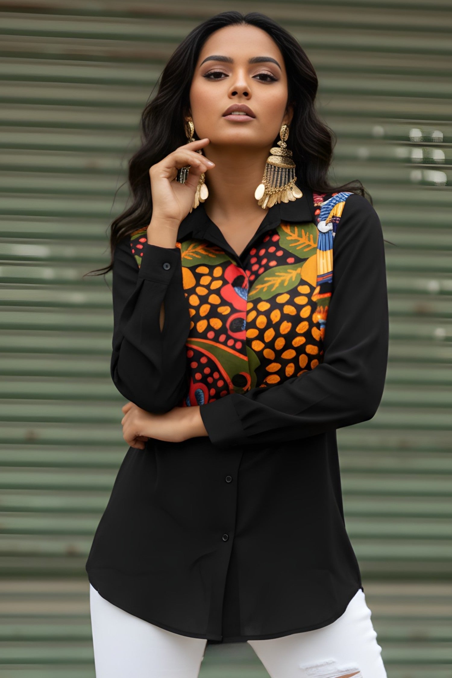 Black Shirt with Printed Cropped Jacket