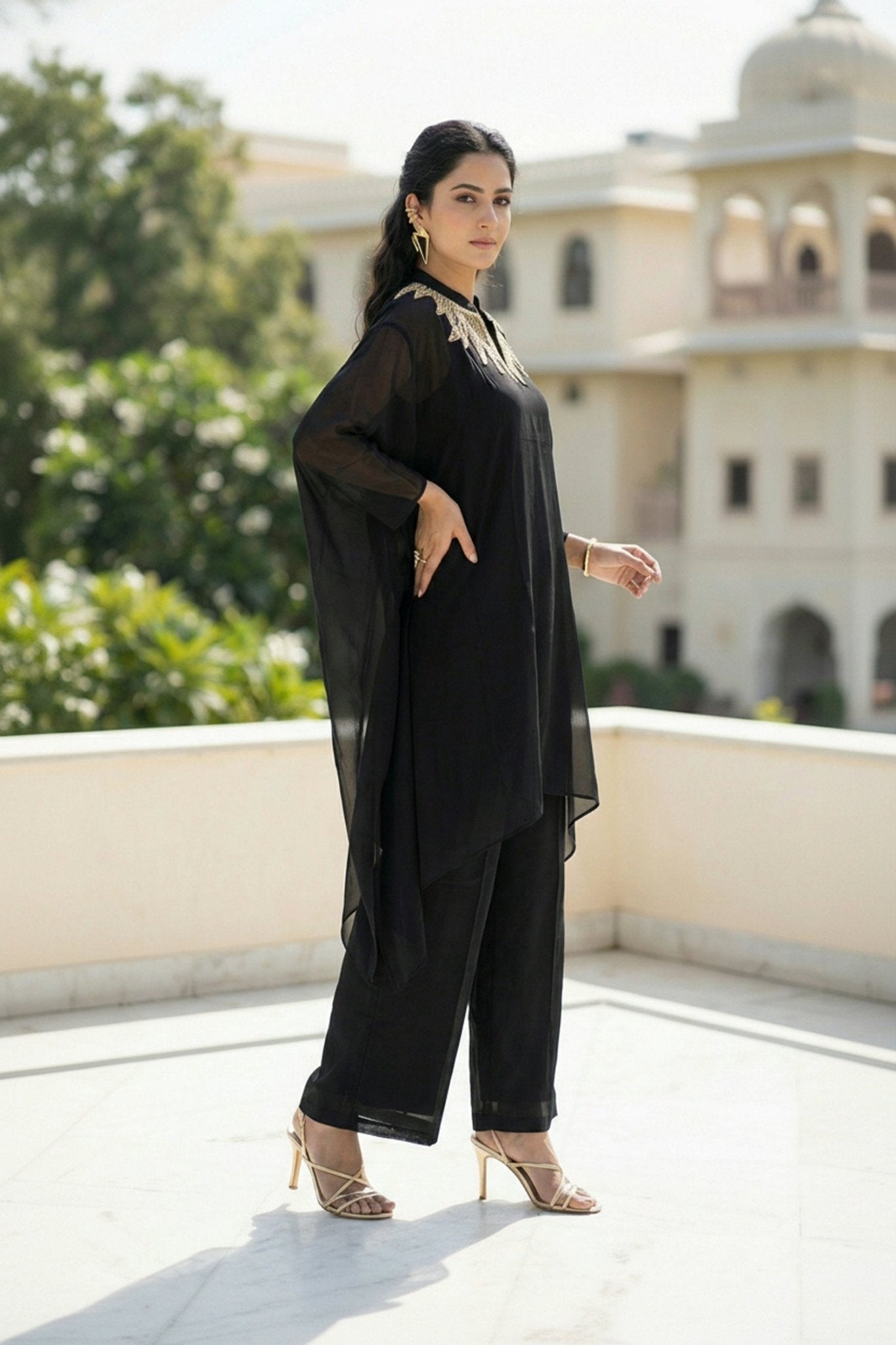 Black Grace Embroidered Neck Co-ord Set - Freyaa USA & Canada