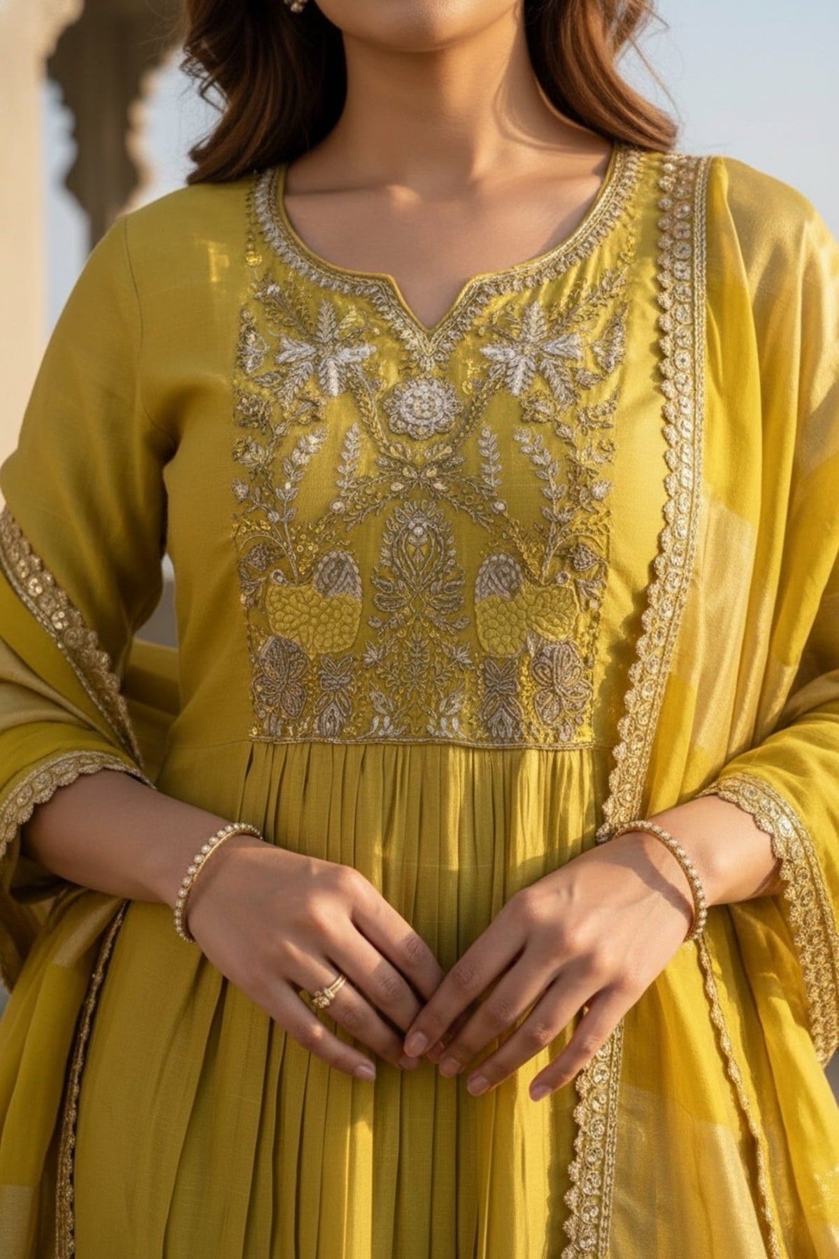 Yellow Cotton Anarkali Three-Piece Set with Embroidery - Freyaa USA & Canada