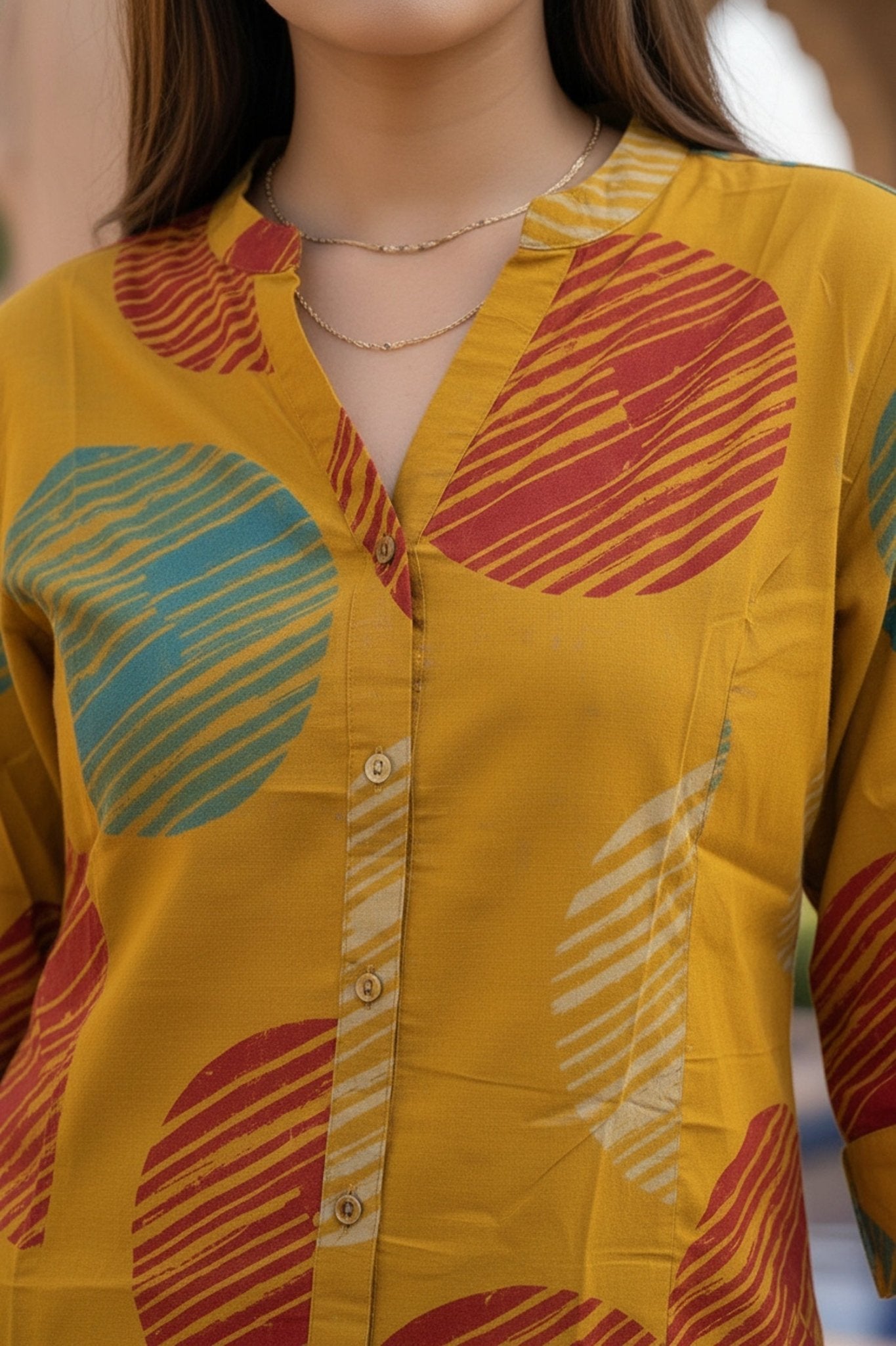Yellow Cotton Top with Geometric Print - Freyaa USA & Canada