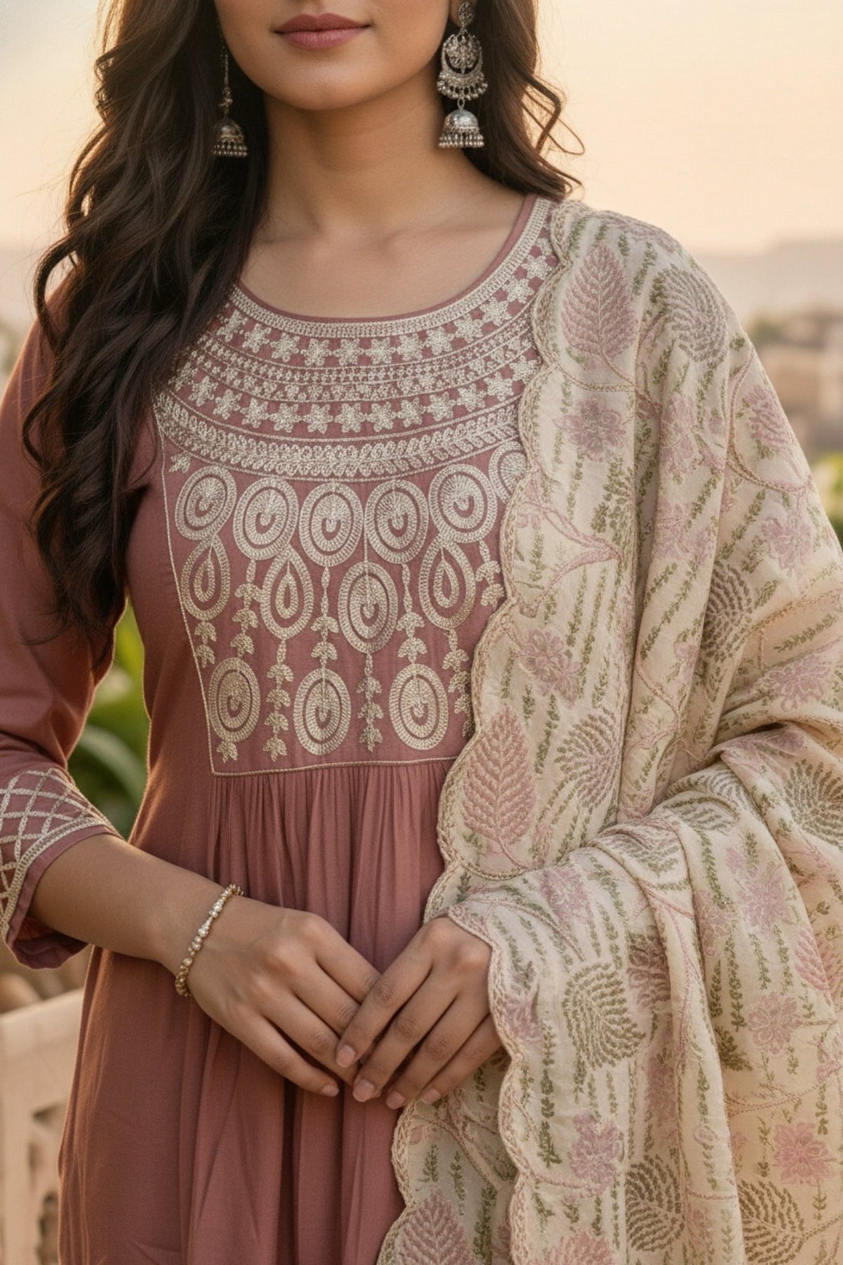 Onion Pink Embroidered Kurta Set with Tissue Silk Dupatta - Freyaa USA & Canada