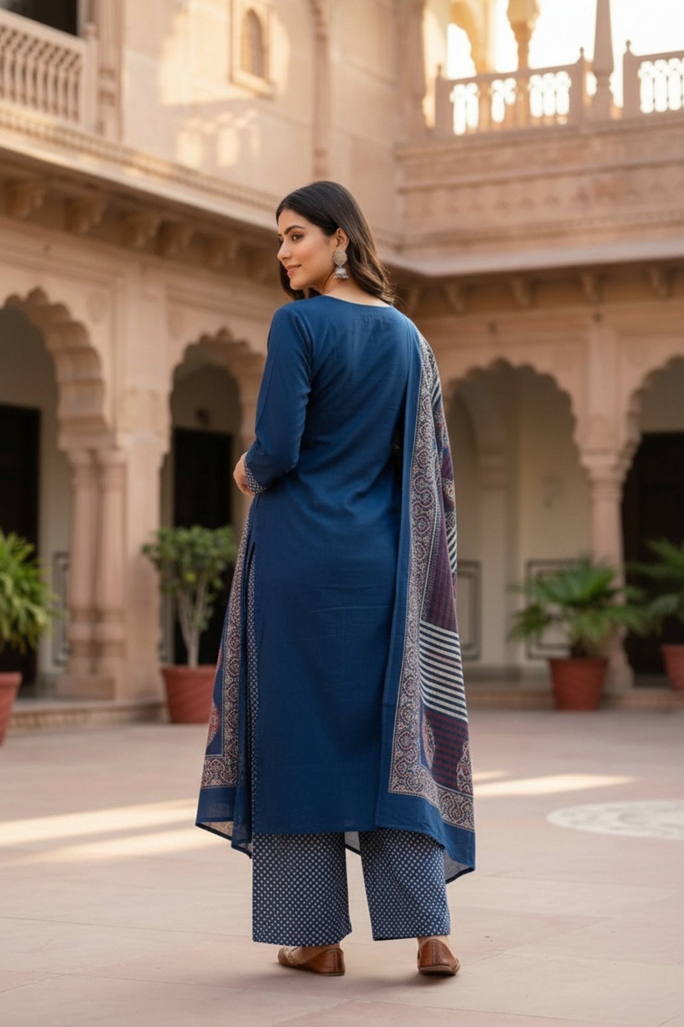 Blue Cotton Three-Piece Set with Printed Yoke Design - Freyaa USA & Canada