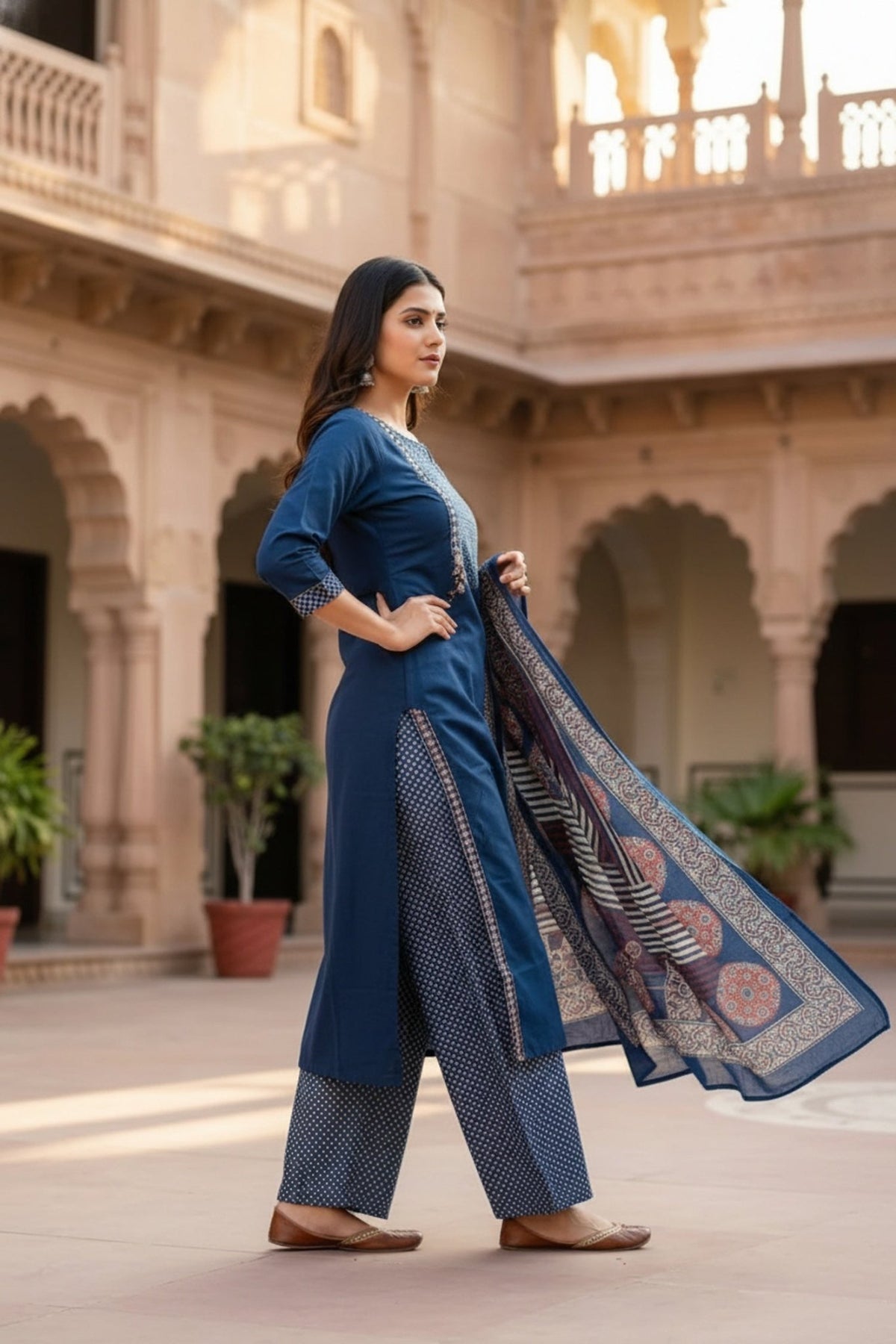 Blue Cotton Three-Piece Set with Printed Yoke Design - Freyaa USA & Canada