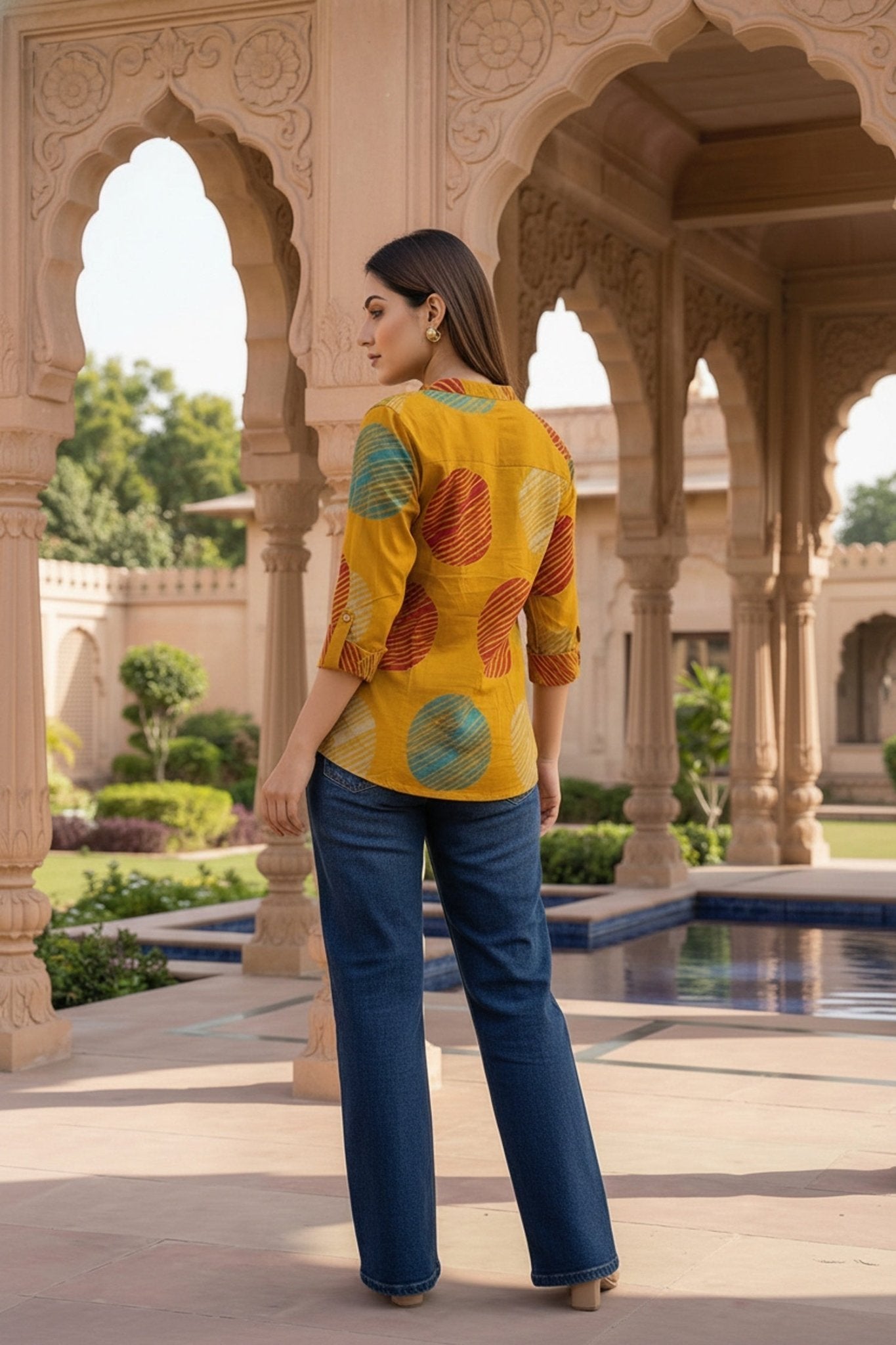 Yellow Cotton Top with Geometric Print - Freyaa USA & Canada