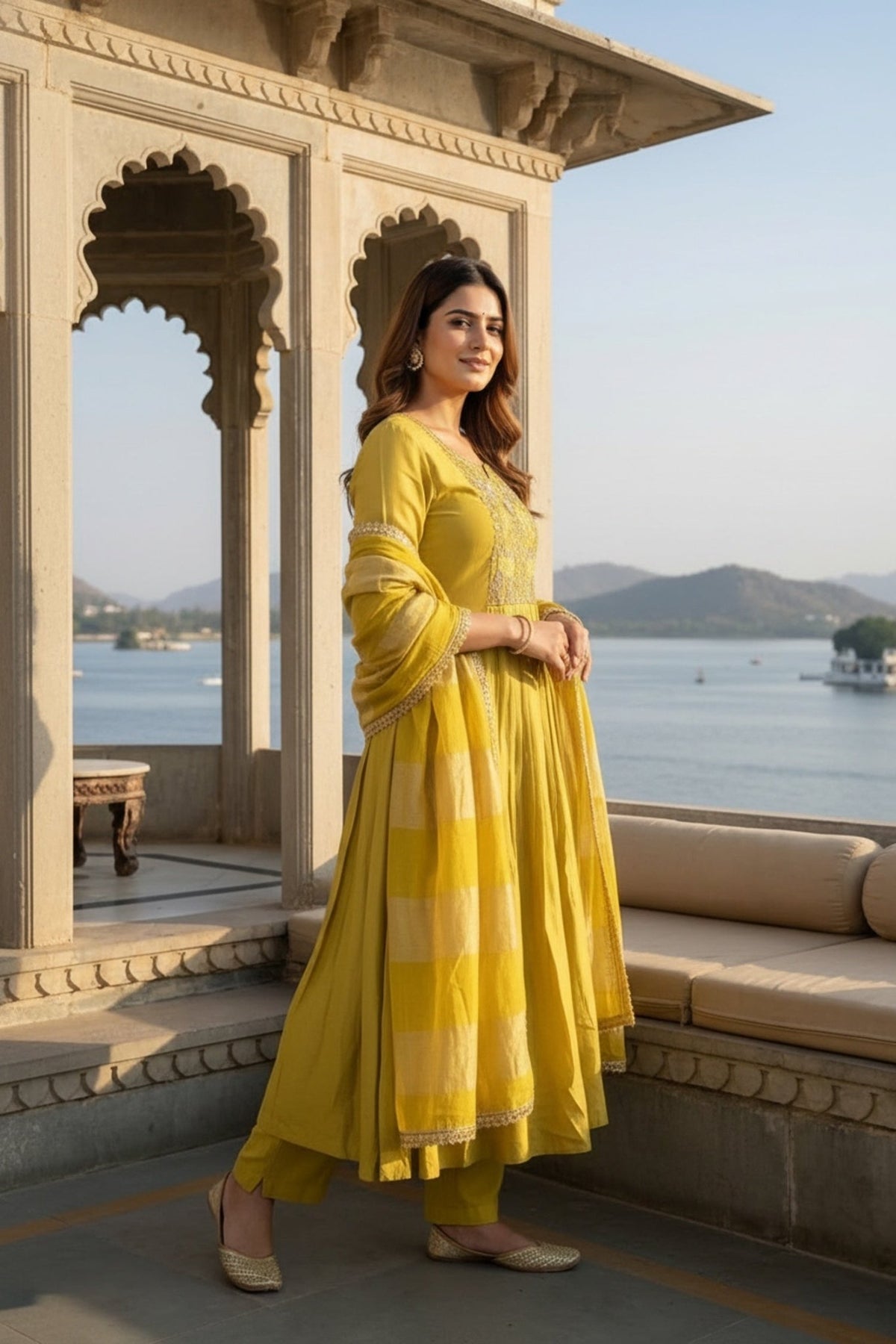 Yellow Cotton Anarkali Three-Piece Set with Embroidery - Freyaa USA & Canada