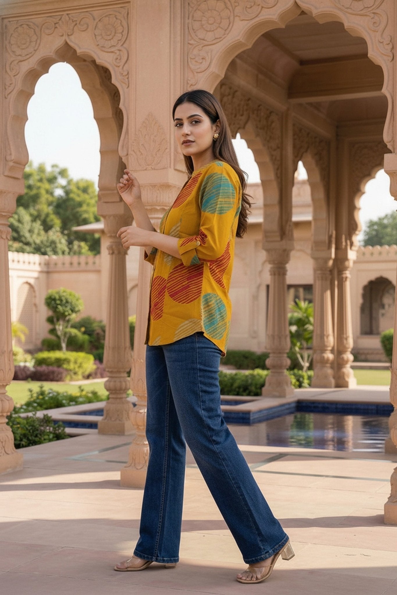Yellow Cotton Top with Geometric Print - Freyaa USA & Canada