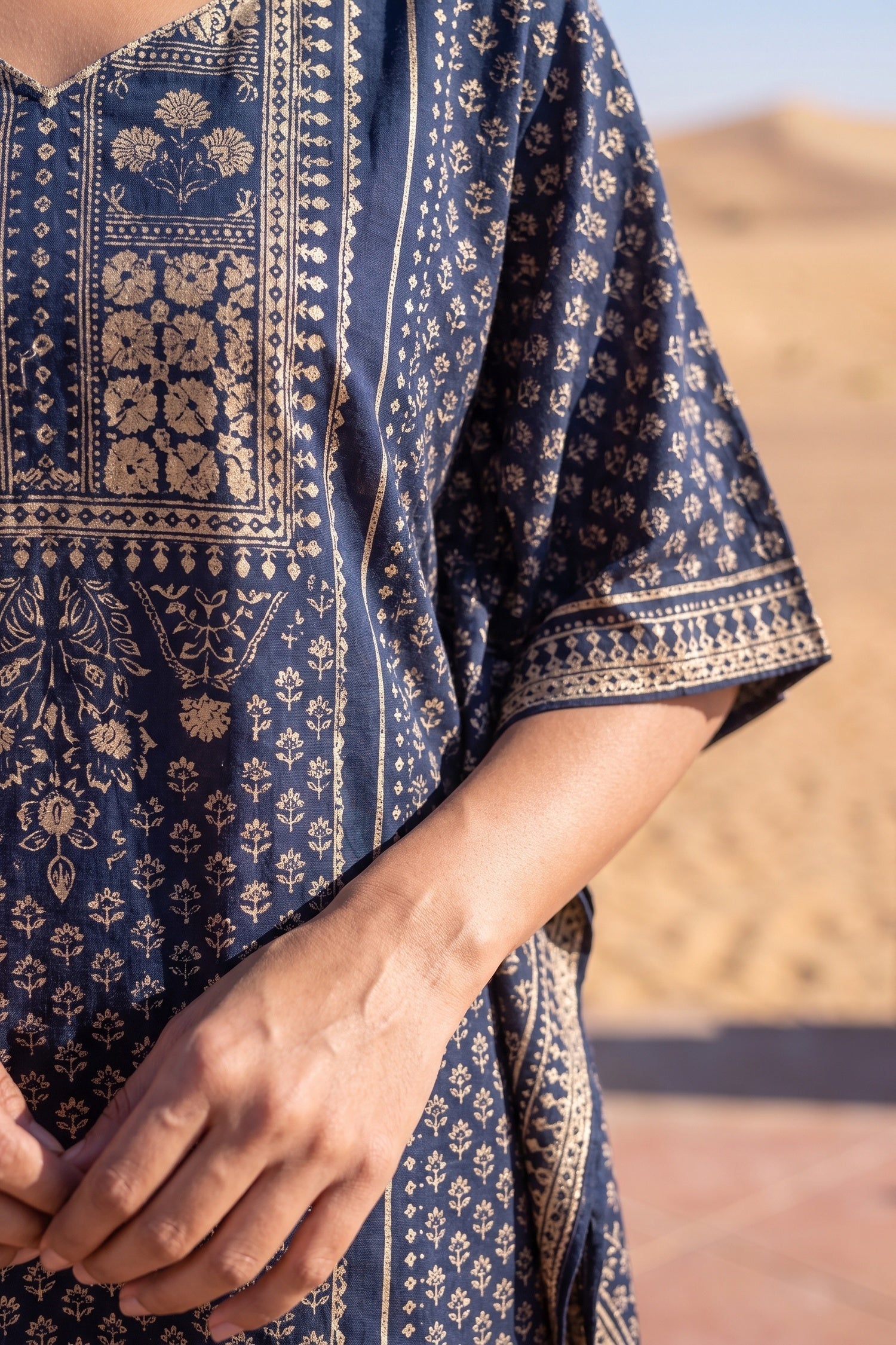 Dark Persian Blue Printed Long Kaftan