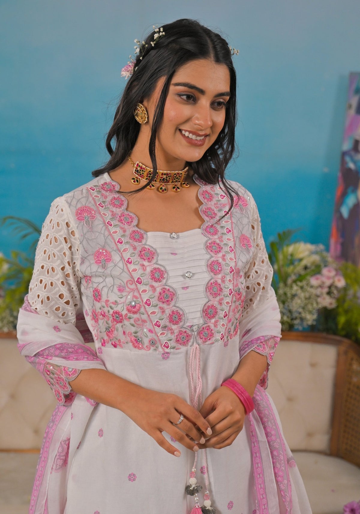 White & Pink Printed Cotton Kurta Three-Piece Set with Dupatta - Freyaa USA & Canada