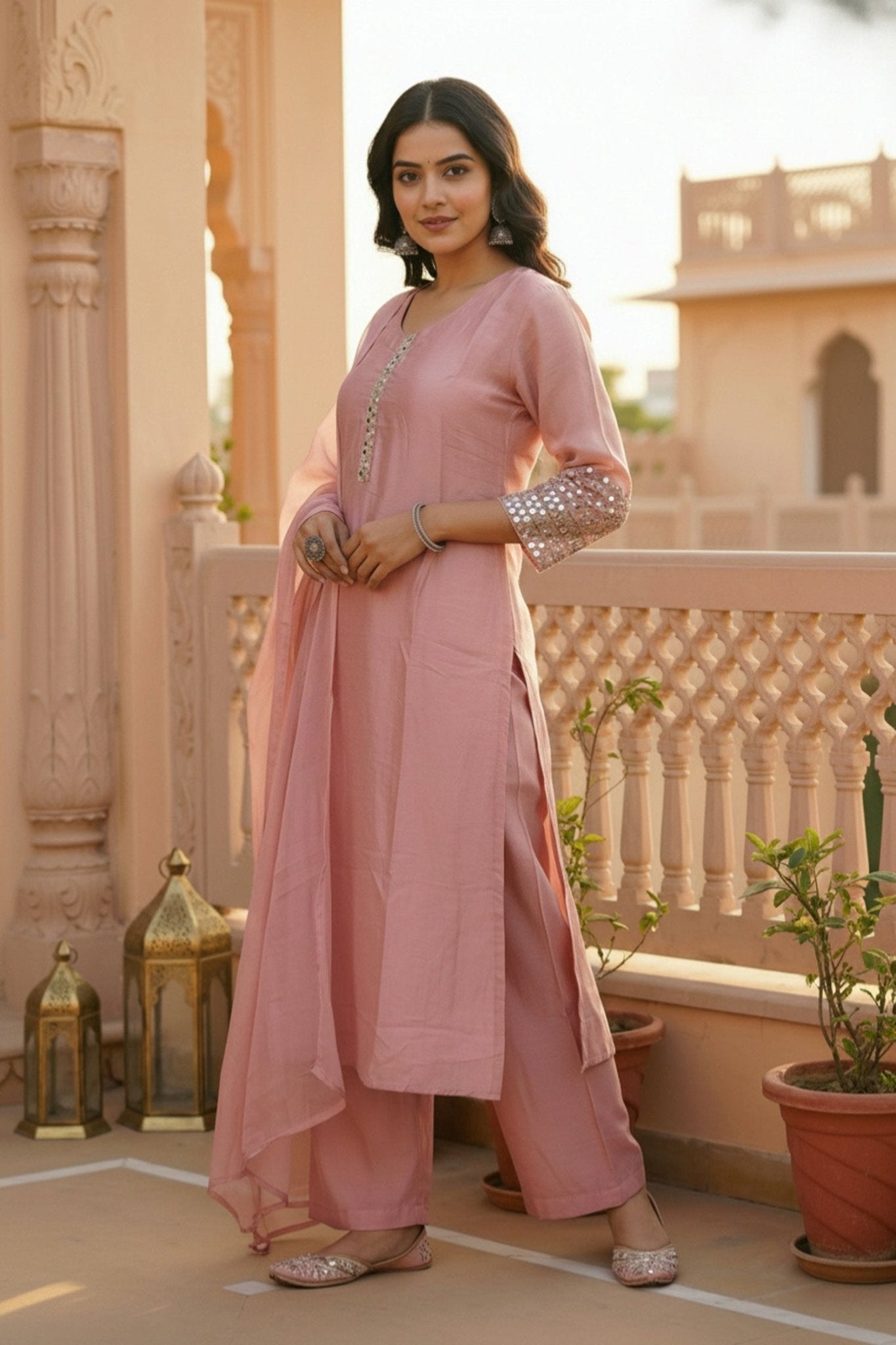 Pink Straight Cut Three-Piece Set with Embroidered Sleeves - Freyaa USA & Canada
