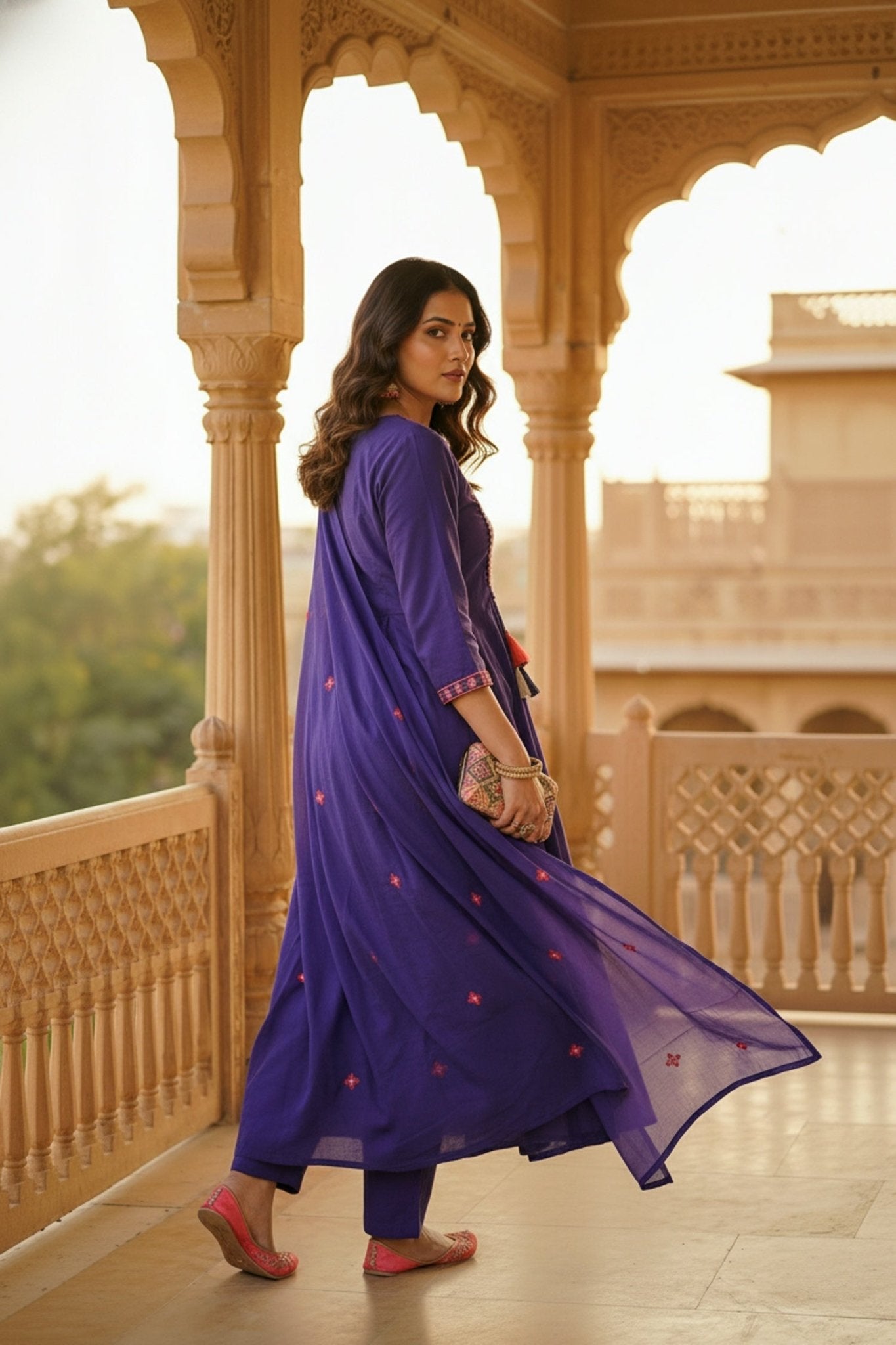 Purple Straight-Cut Three-Piece Set with Embroidery Work - Freyaa USA & Canada