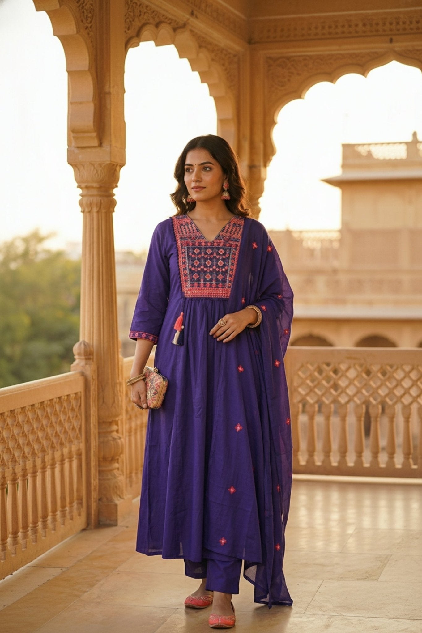 Purple Straight-Cut Three-Piece Set with Embroidery Work - Freyaa USA & Canada