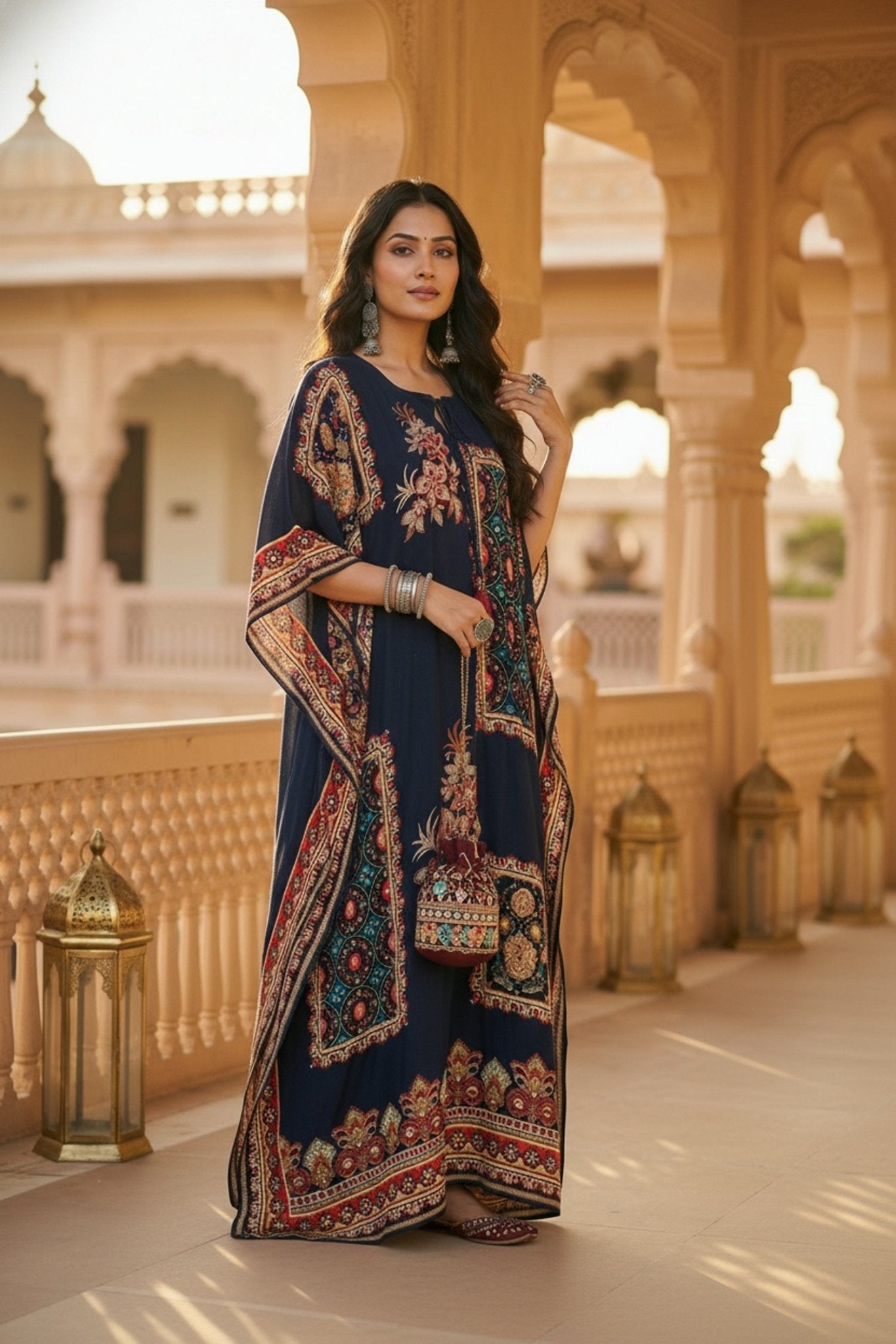 Long Navy Blue Kaftan with Digital Print - Freyaa USA & Canada