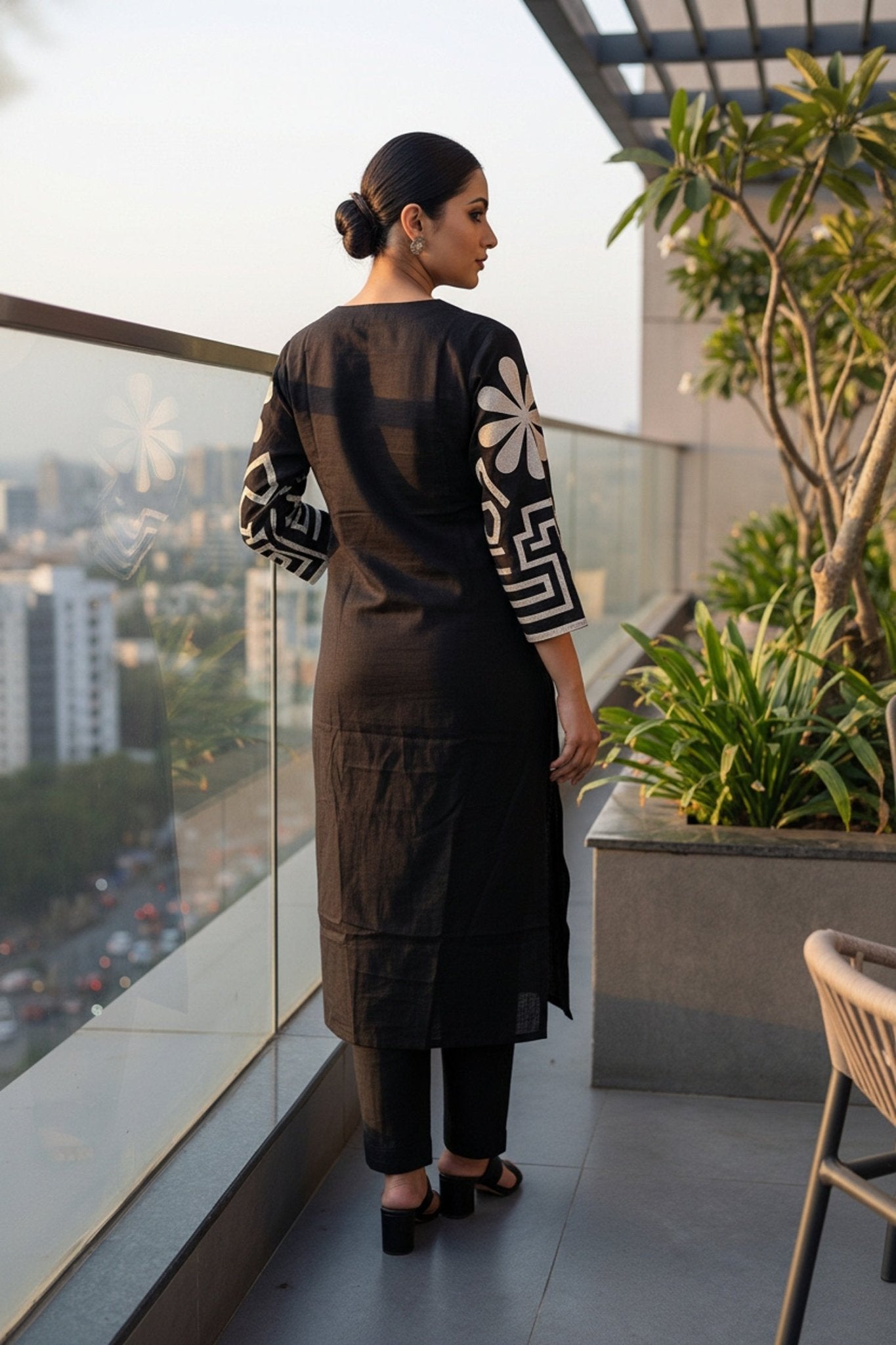 Black Elegance Cotton Cord Set with Embroidered Sleeves - Freyaa USA & Canada