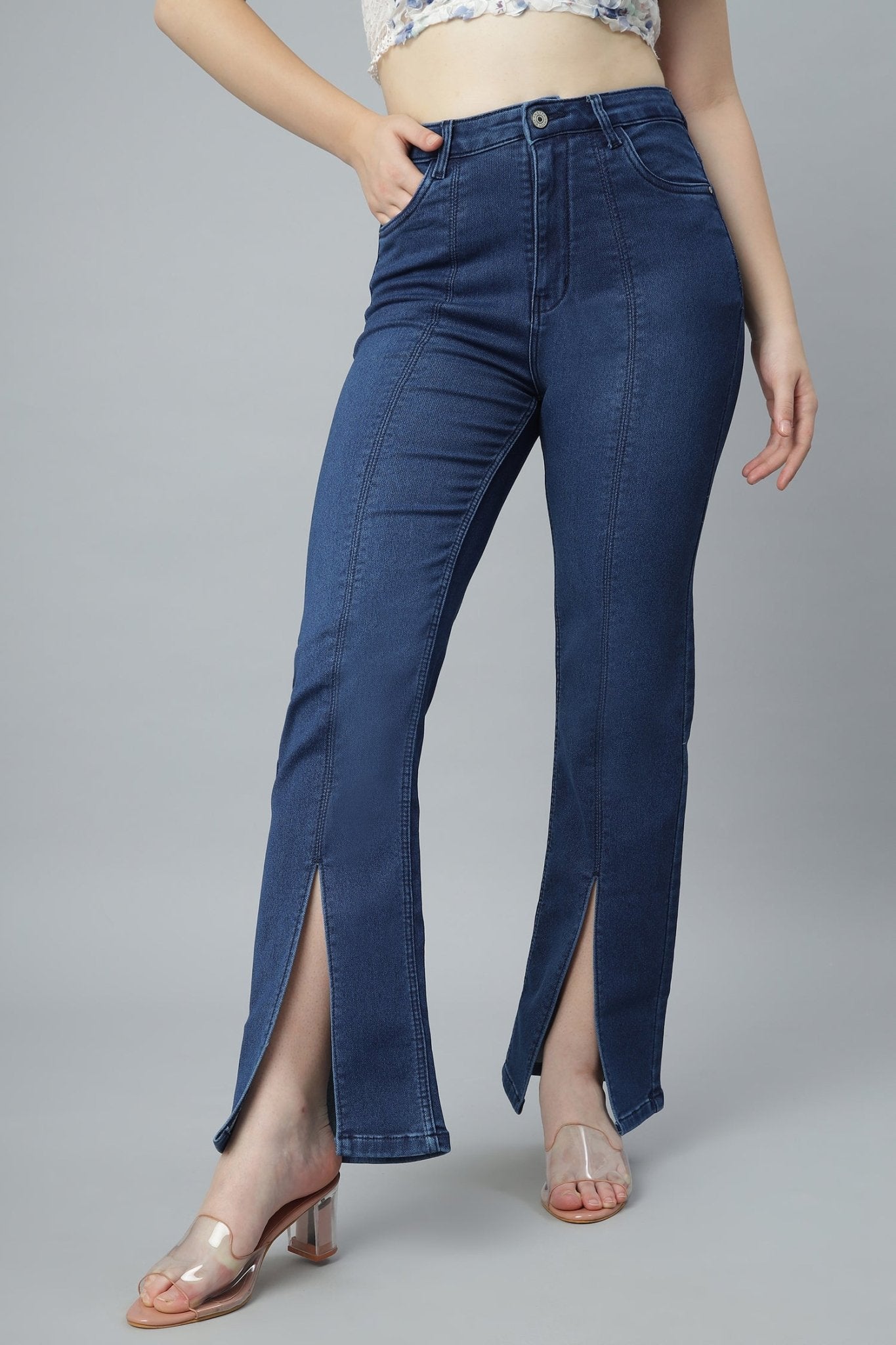 Side Slit Blue Denim - Freyaa USA & Canada