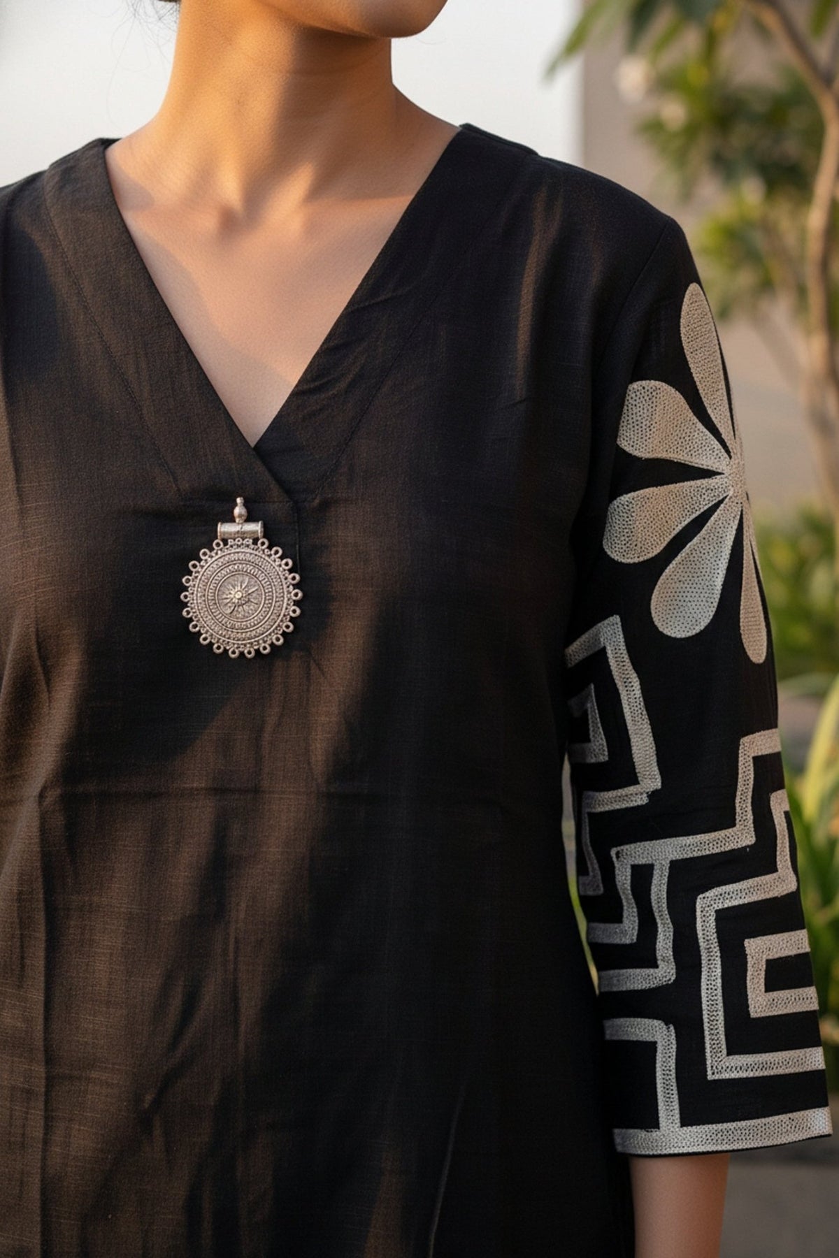 Black Elegance Cotton Cord Set with Embroidered Sleeves - Freyaa USA & Canada