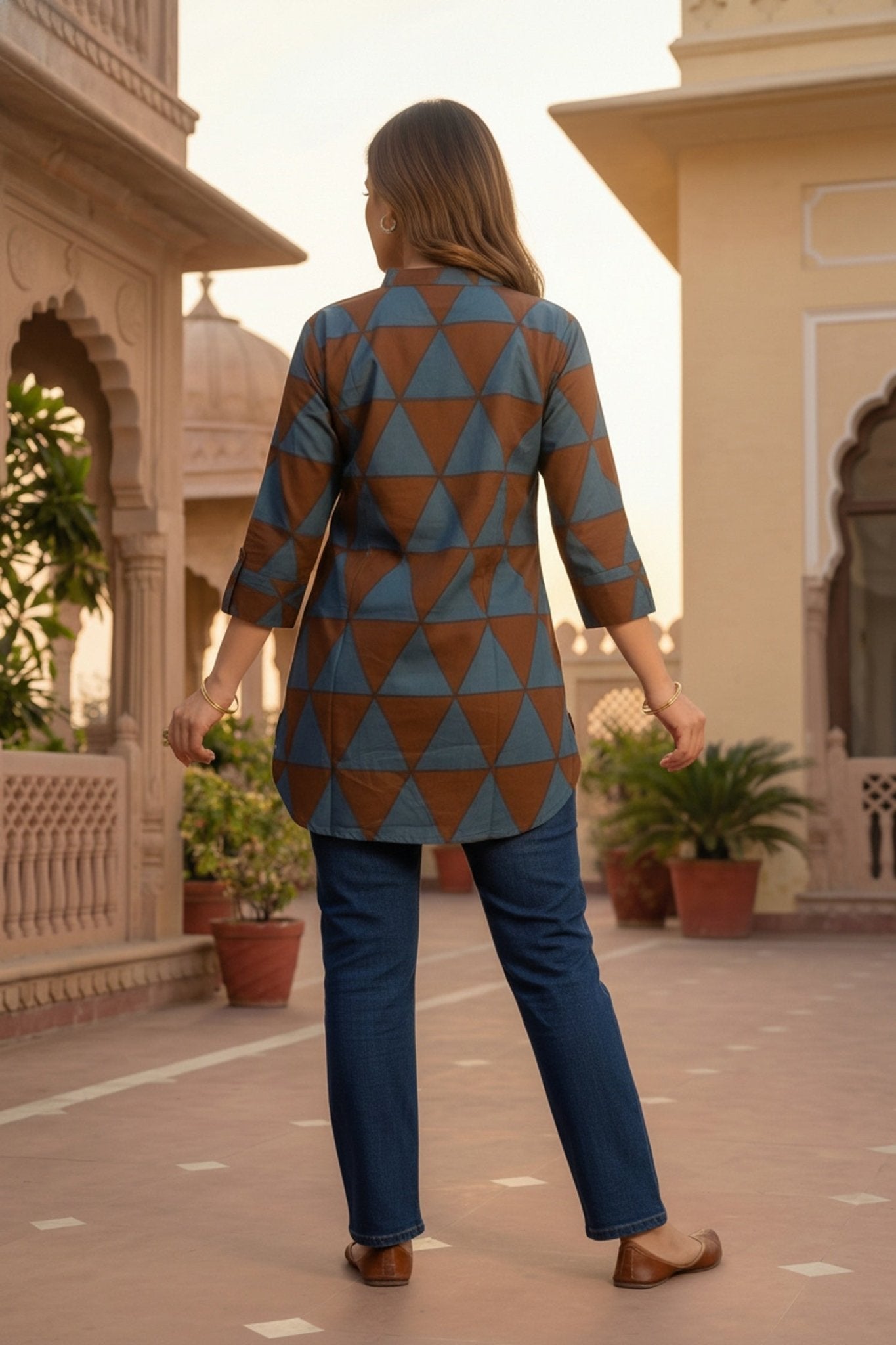 Brown Cotton Top with Geometric Design - Freyaa USA & Canada