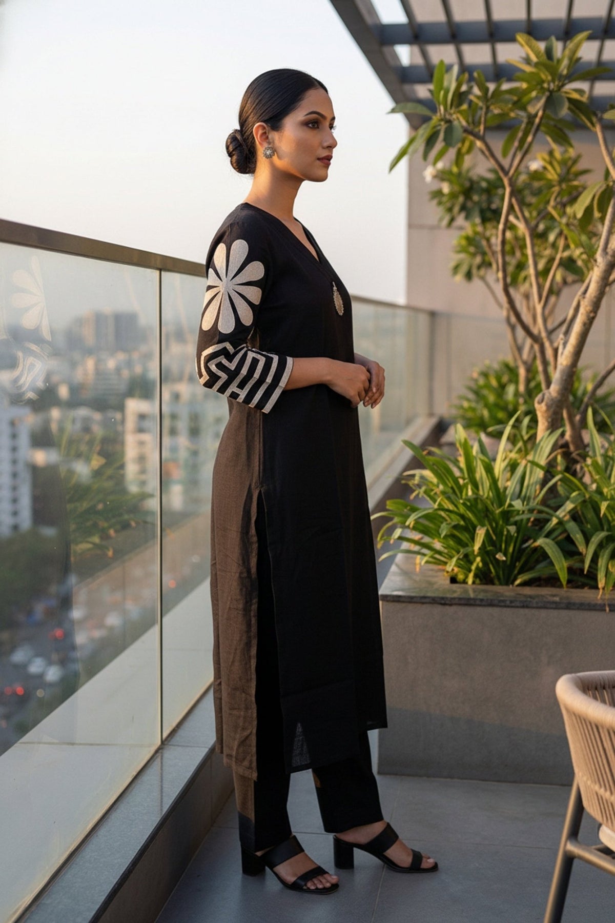 Black Elegance Cotton Cord Set with Embroidered Sleeves - Freyaa USA & Canada
