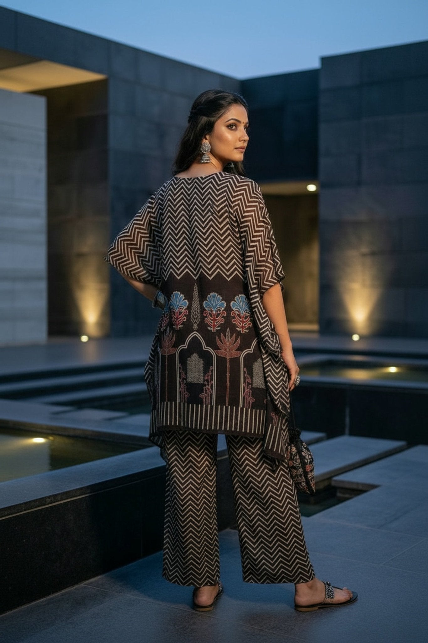 Brown Embroidered Printed Kaftan - Freyaa USA & Canada