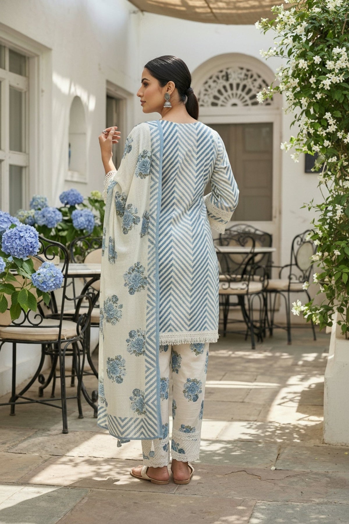 Blue Three-Piece Set with Straight Cut Pattern and Dupatta - Freyaa USA & Canada