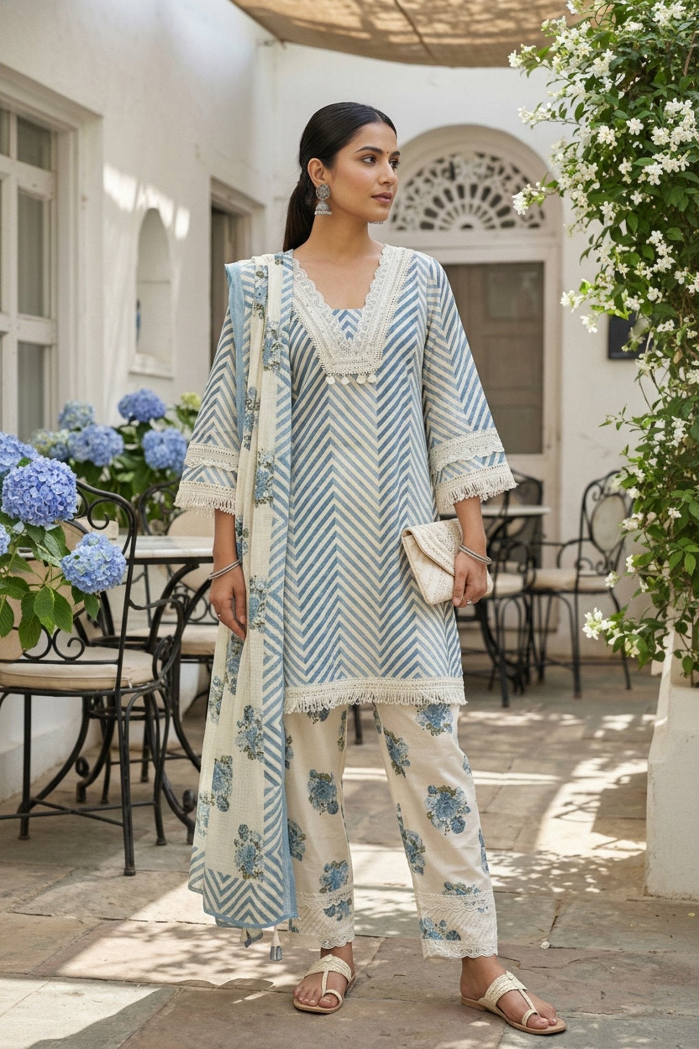 Blue Three-Piece Set with Straight Cut Pattern and Dupatta - Freyaa USA & Canada