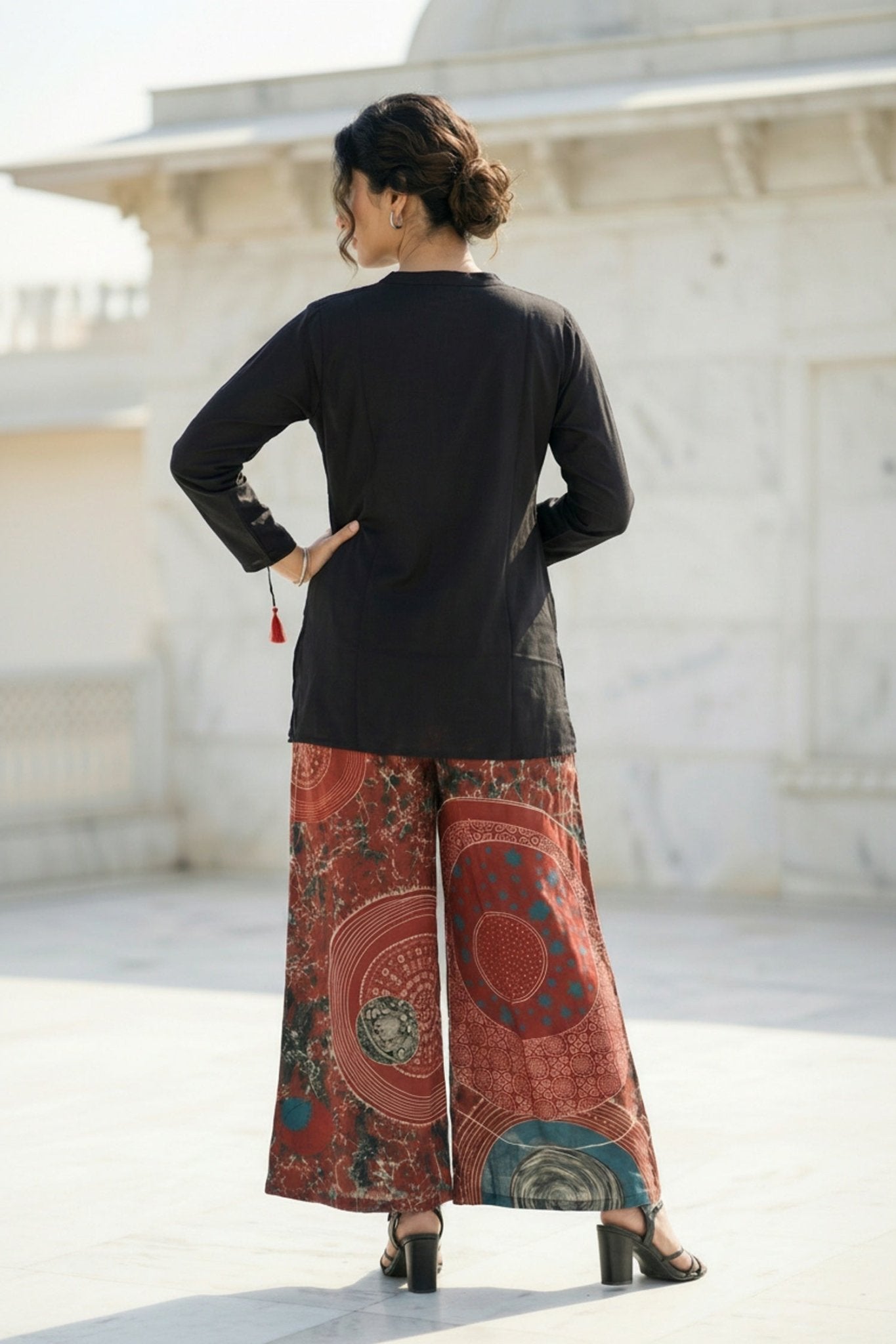 Classic Black Shirt Co-ord Set with Printed Pants - Freyaa USA & Canada