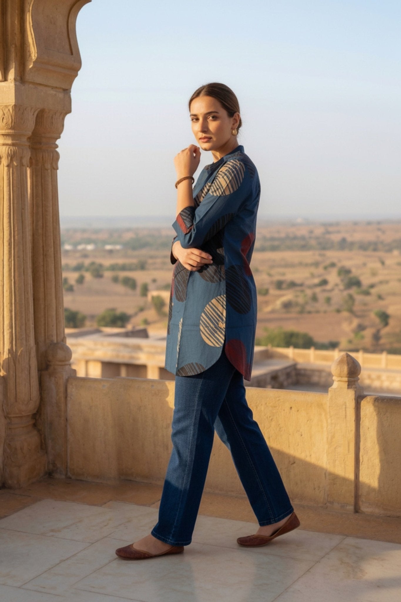 Blue Cotton Top with Abstract Print Design - Freyaa USA & Canada