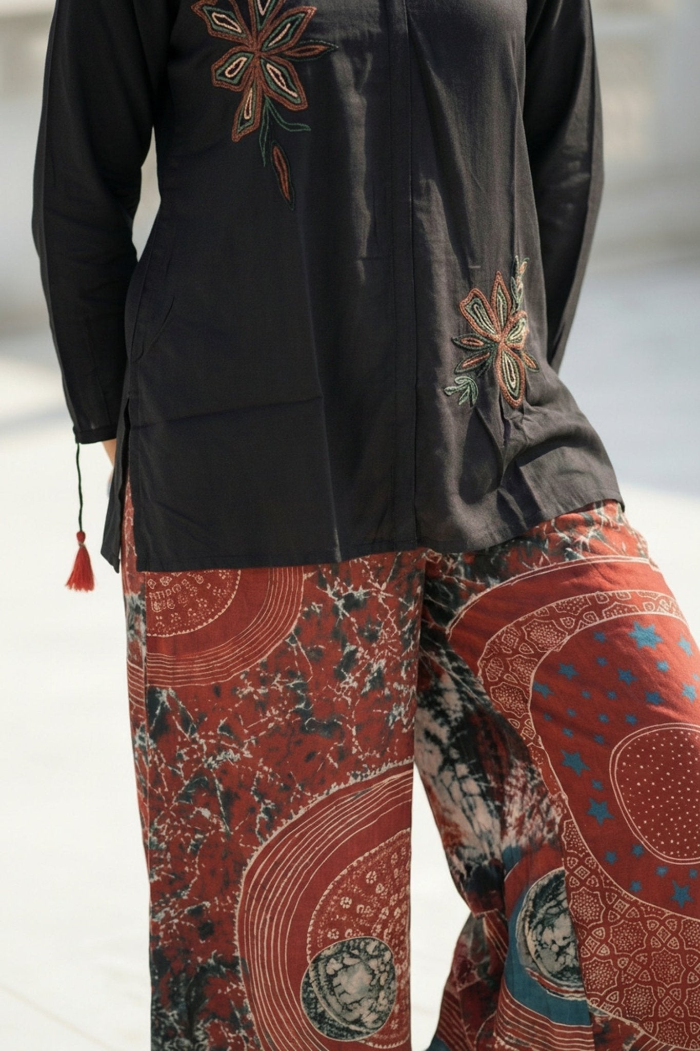 Classic Black Shirt Co-ord Set with Printed Pants - Freyaa USA & Canada
