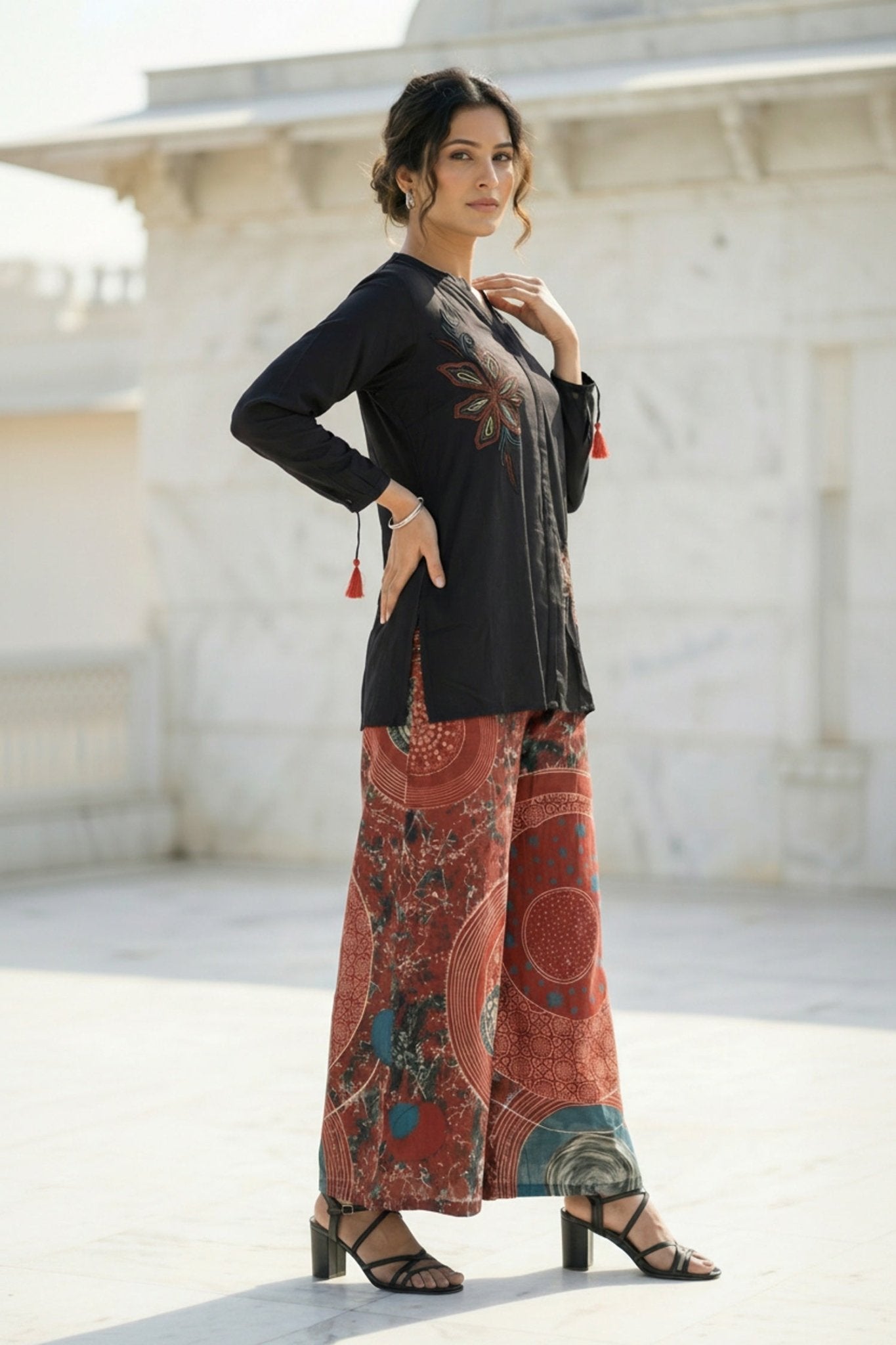 Classic Black Shirt Co-ord Set with Printed Pants - Freyaa USA & Canada