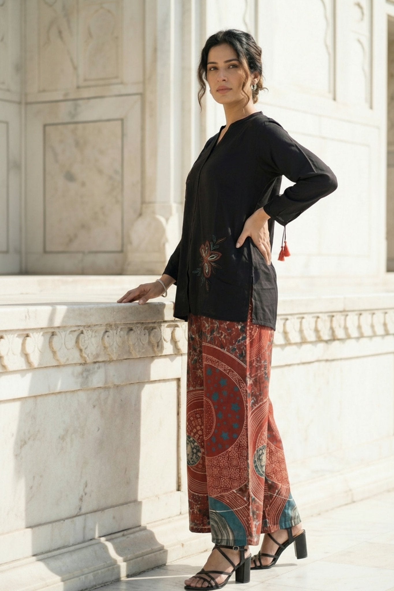 Classic Black Shirt Co-ord Set with Printed Pants - Freyaa USA & Canada