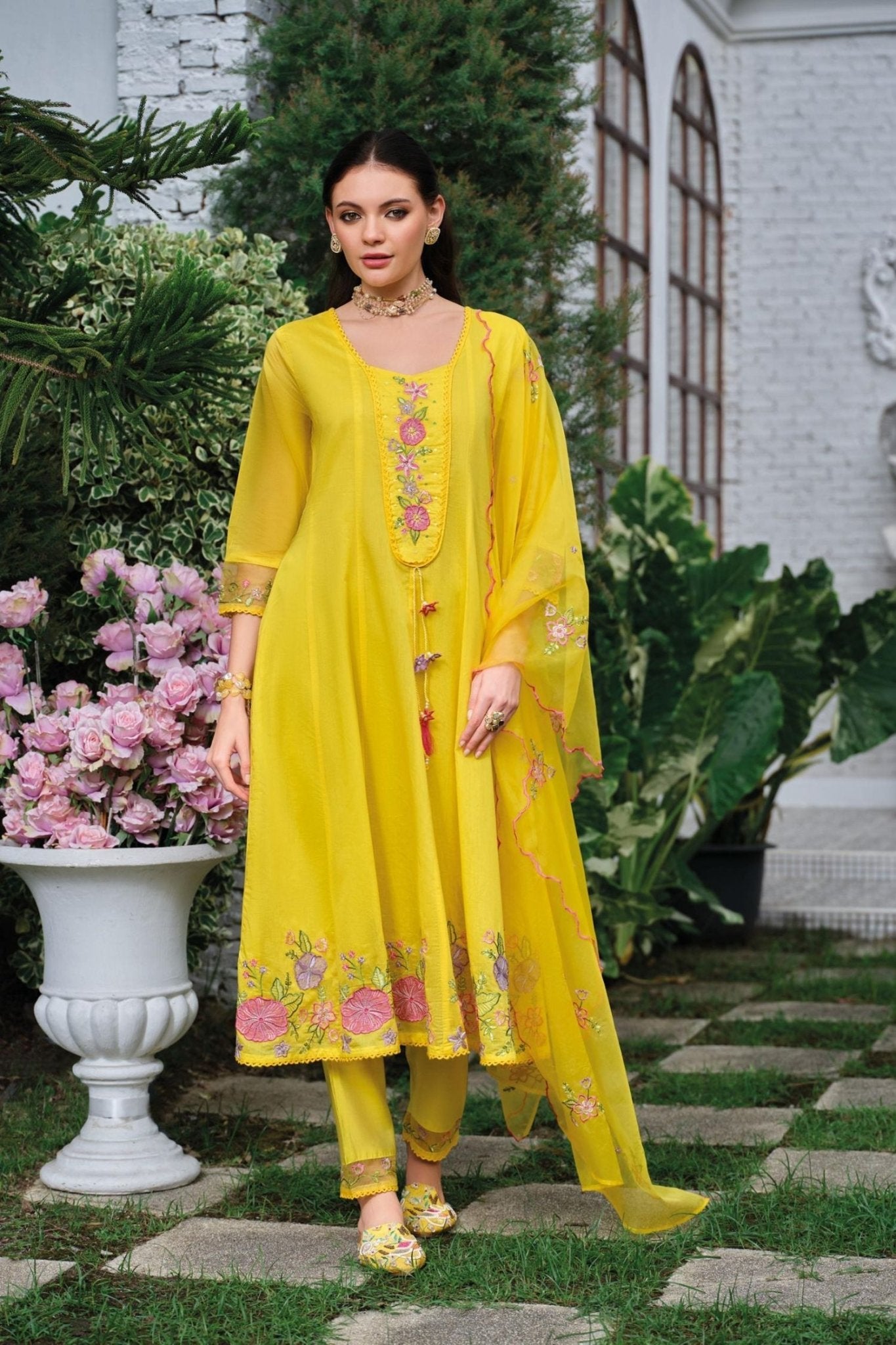 Yellow Mul Chanderi Kantha Work Floral Embroidered Suit Set - Freyaa USA & Canada