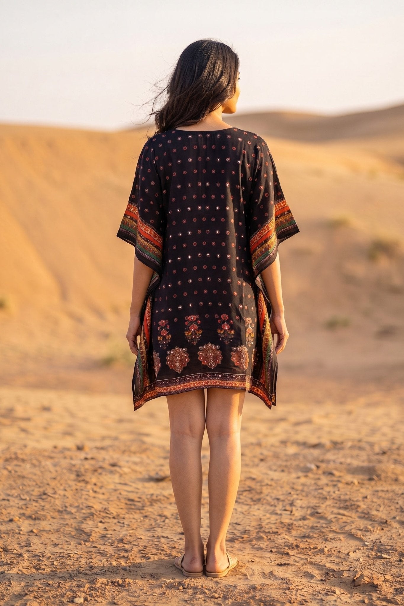 Boho V Neck Dark Red Brown Short Kaftan - Freyaa USA & Canada