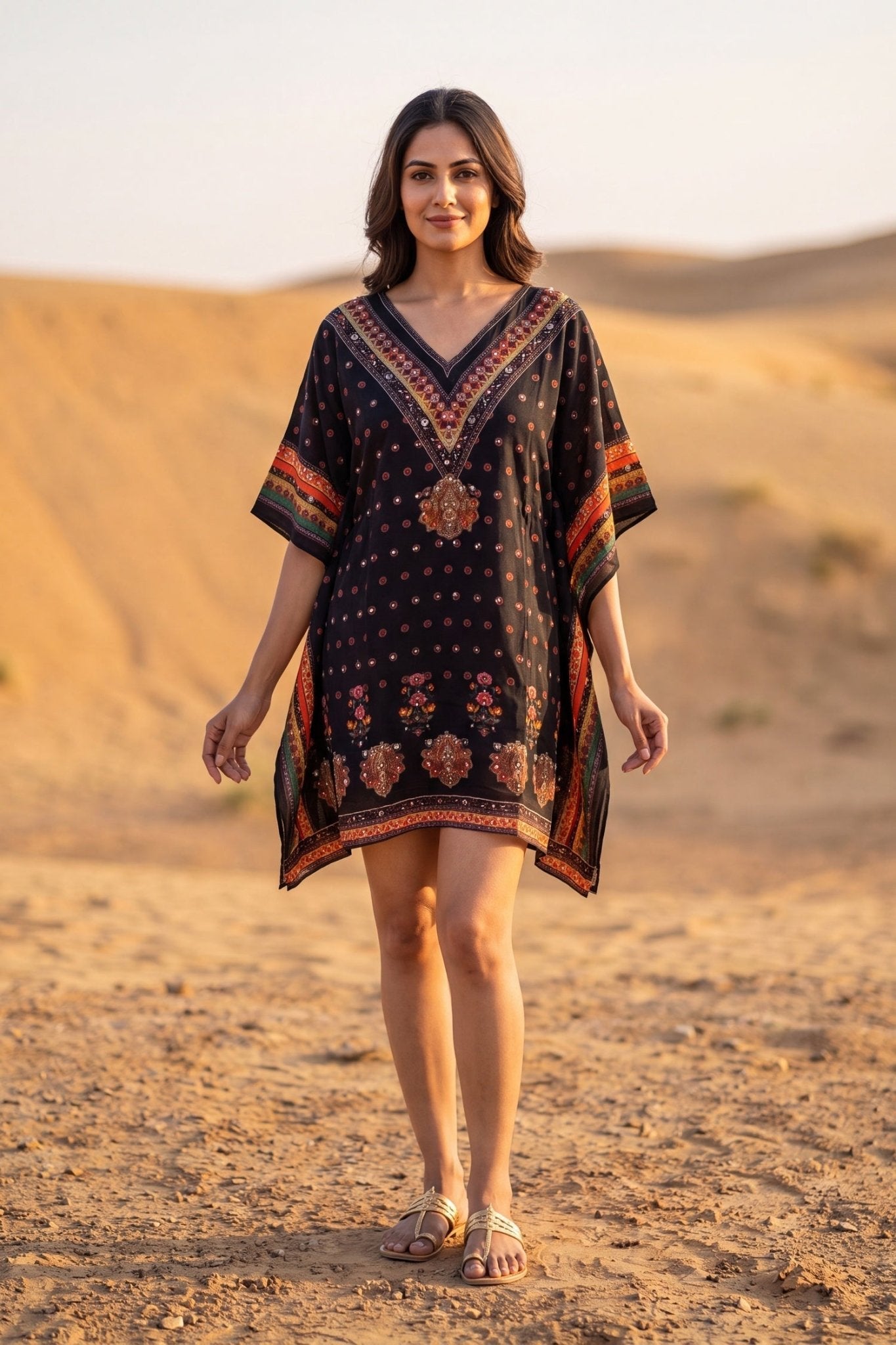 Boho V Neck Dark Red Brown Short Kaftan - Freyaa USA & Canada