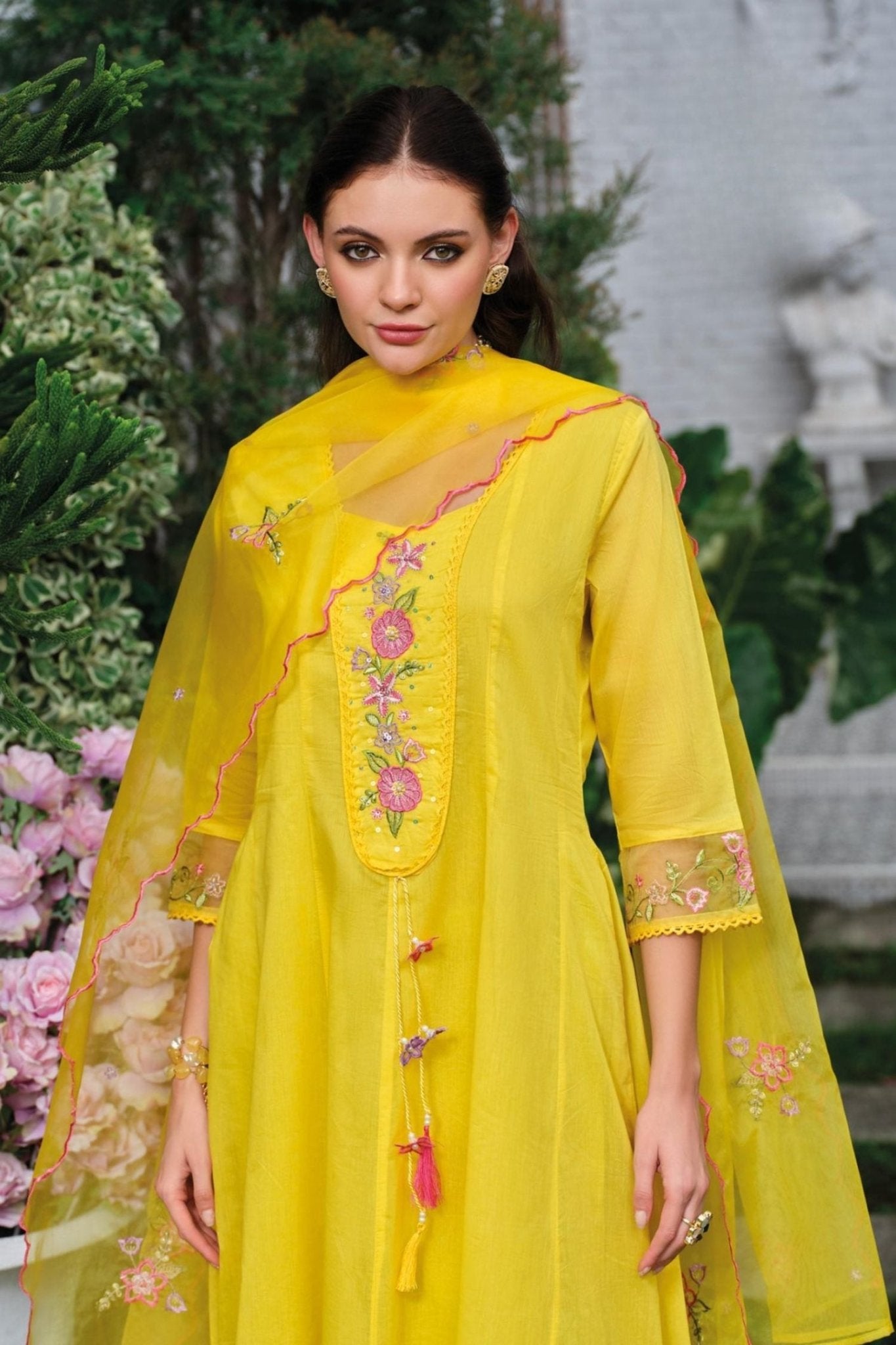 Yellow Mul Chanderi Kantha Work Floral Embroidered Suit Set - Freyaa USA & Canada