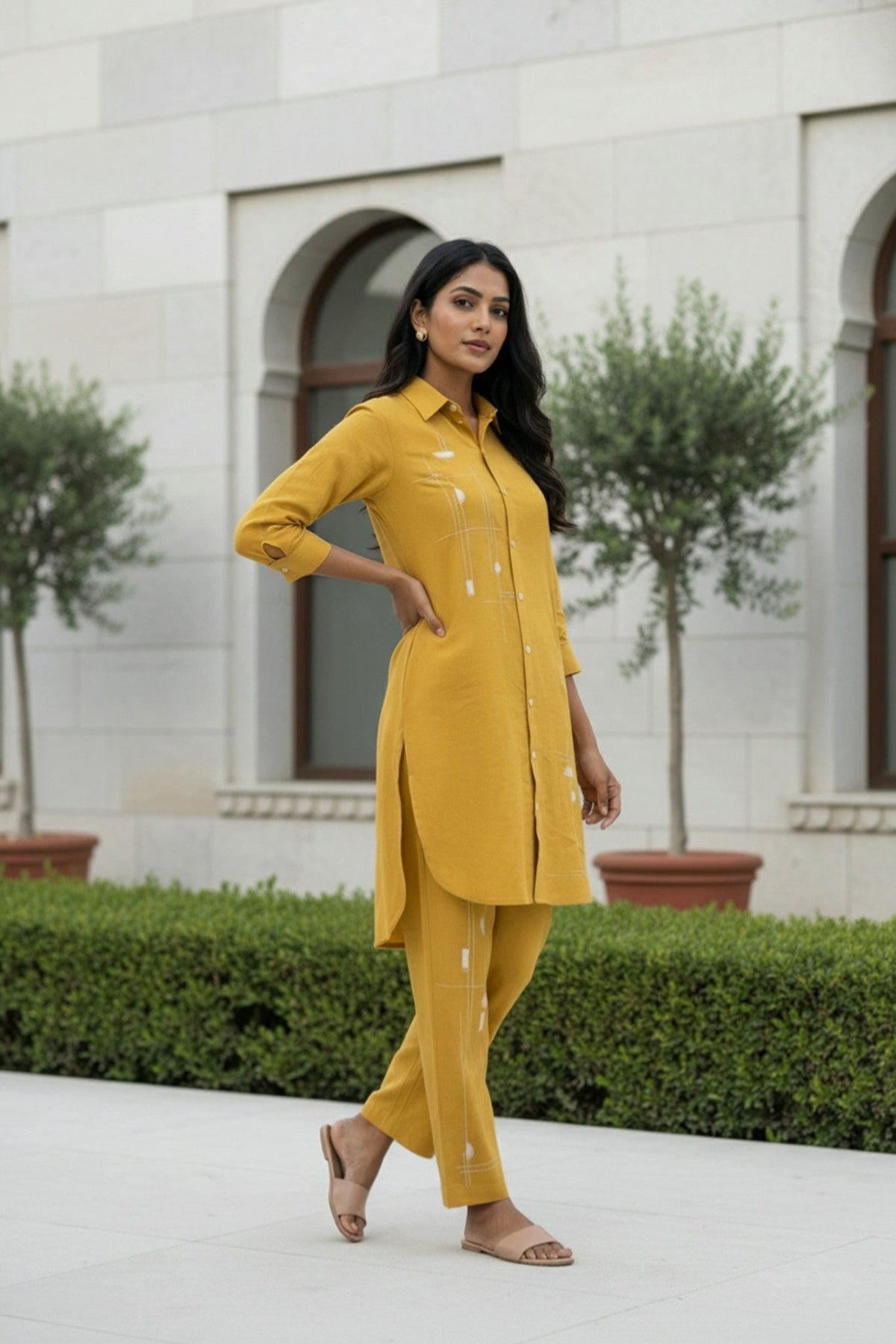 Yellow Cord Set with Graphic Print Detailing - Freyaa USA & Canada