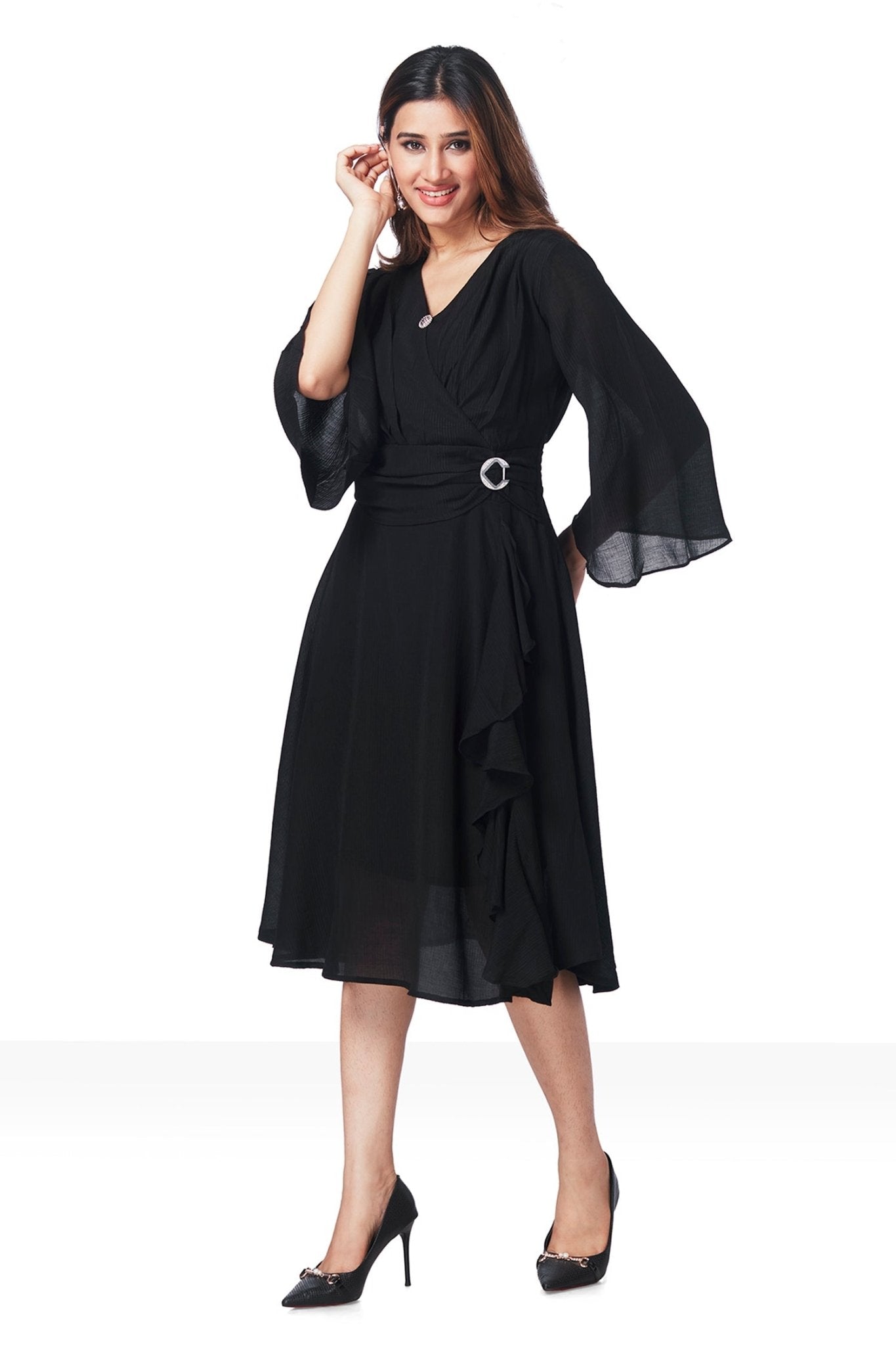 Black Georgette V Neck Attached Side Broach Belt Tunics - Freyaa USA & Canada