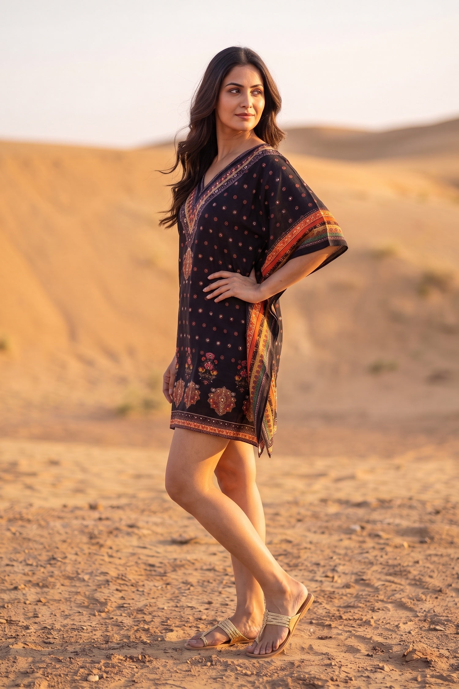 Boho V Neck Dark Red Brown Short Kaftan