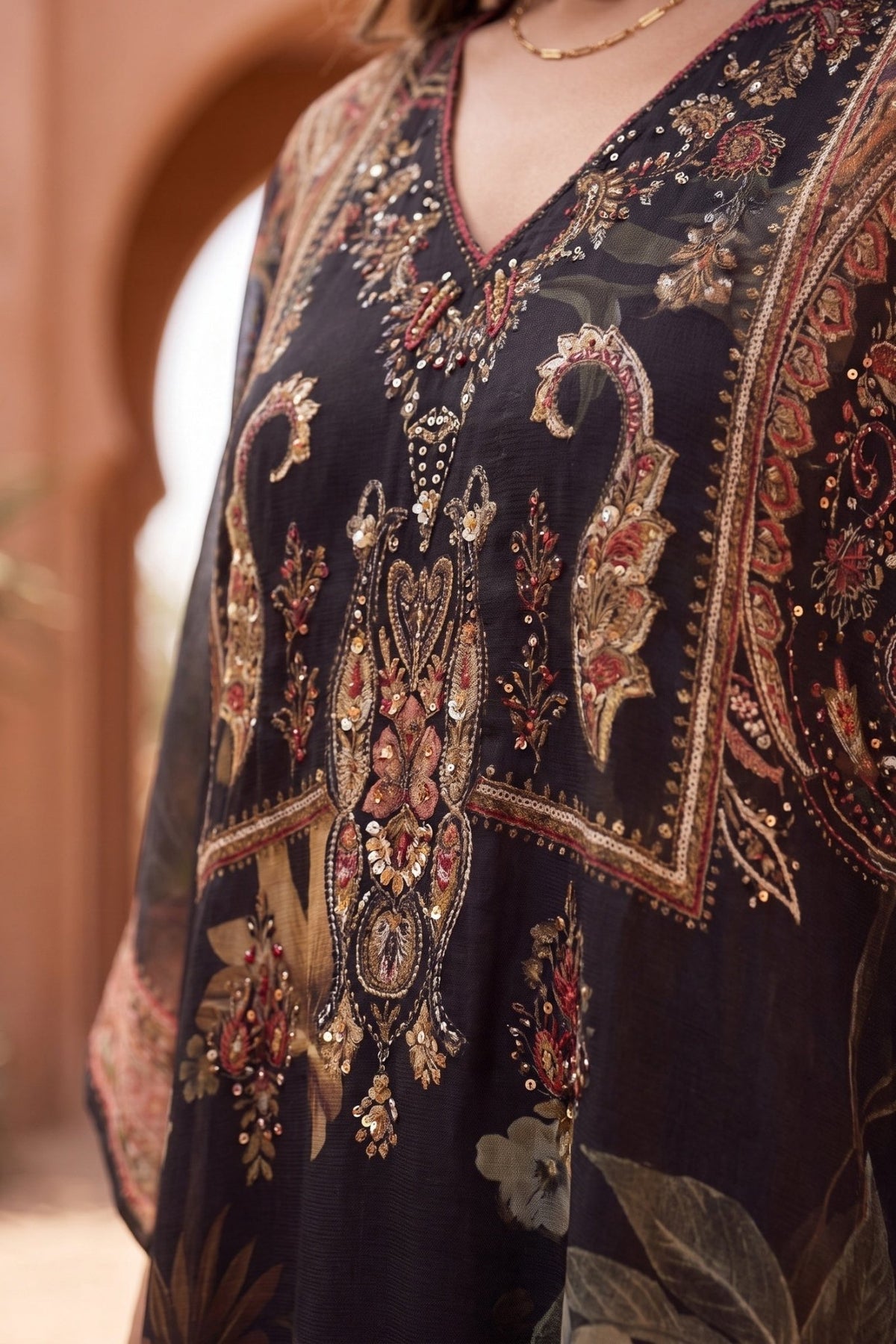 Black Embroidered Printed Short Kaftan - Freyaa USA & Canada